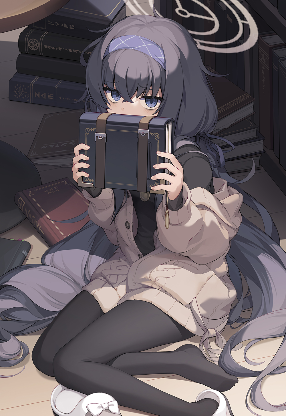 Anime 1000x1455 anime anime girls books pantyhose sitting looking at viewer long hair dark hair Blue Archive Jakoujika ui (blue archive)