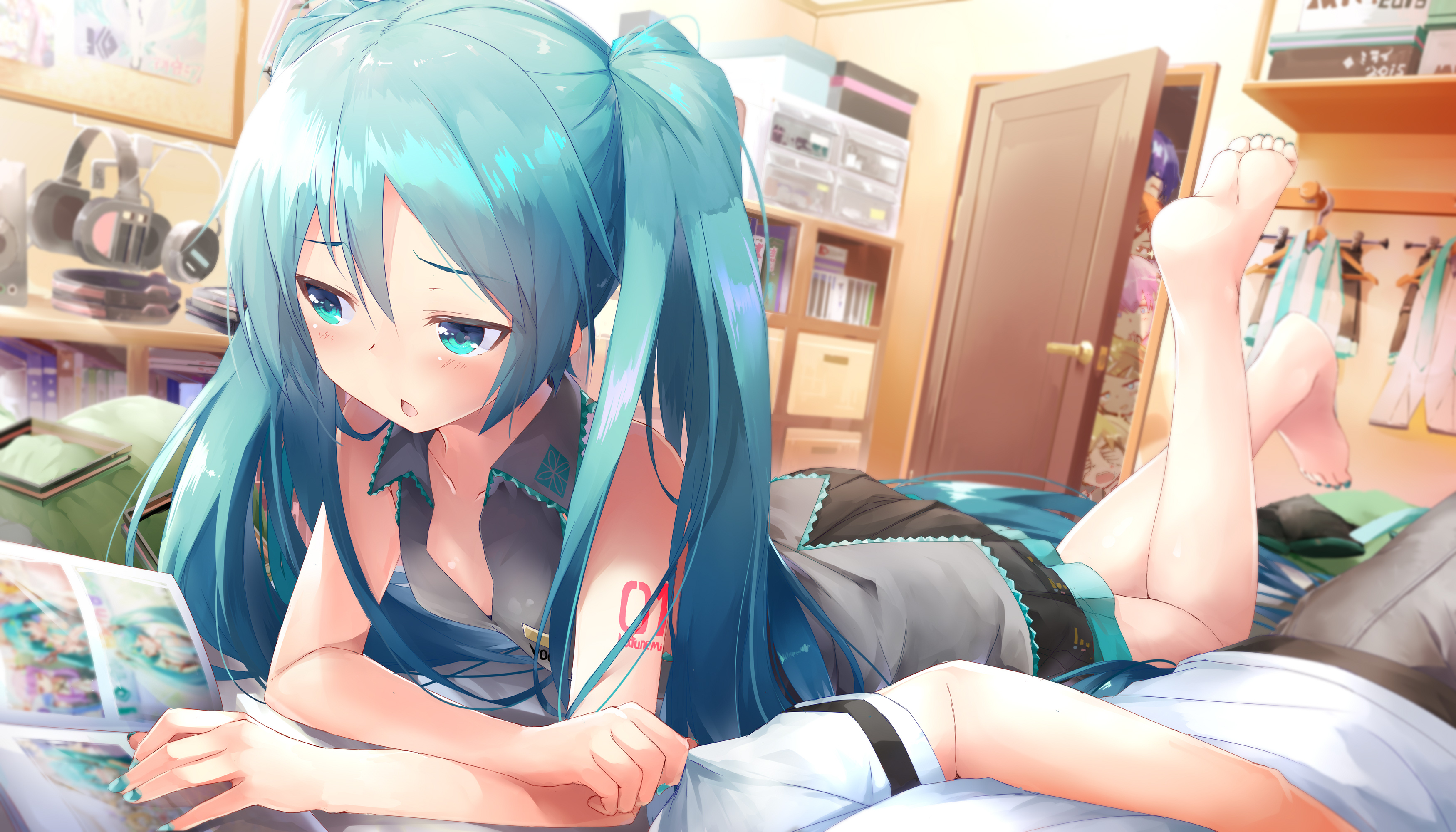 Anime 3500x2000 Vocaloid Hatsune Miku Meiko (vocaloid) anime Kagamine Rin door Kagamine Len door knob Kaito (vocaloid) room Megurine Luka long hair anime boys anime girls indoors women indoors men indoors blue nails painted nails foot sole barefoot feet in the air headphones blue hair hair between eyes skirt open mouth collarbone sleeveless lying down lying on front Daidou