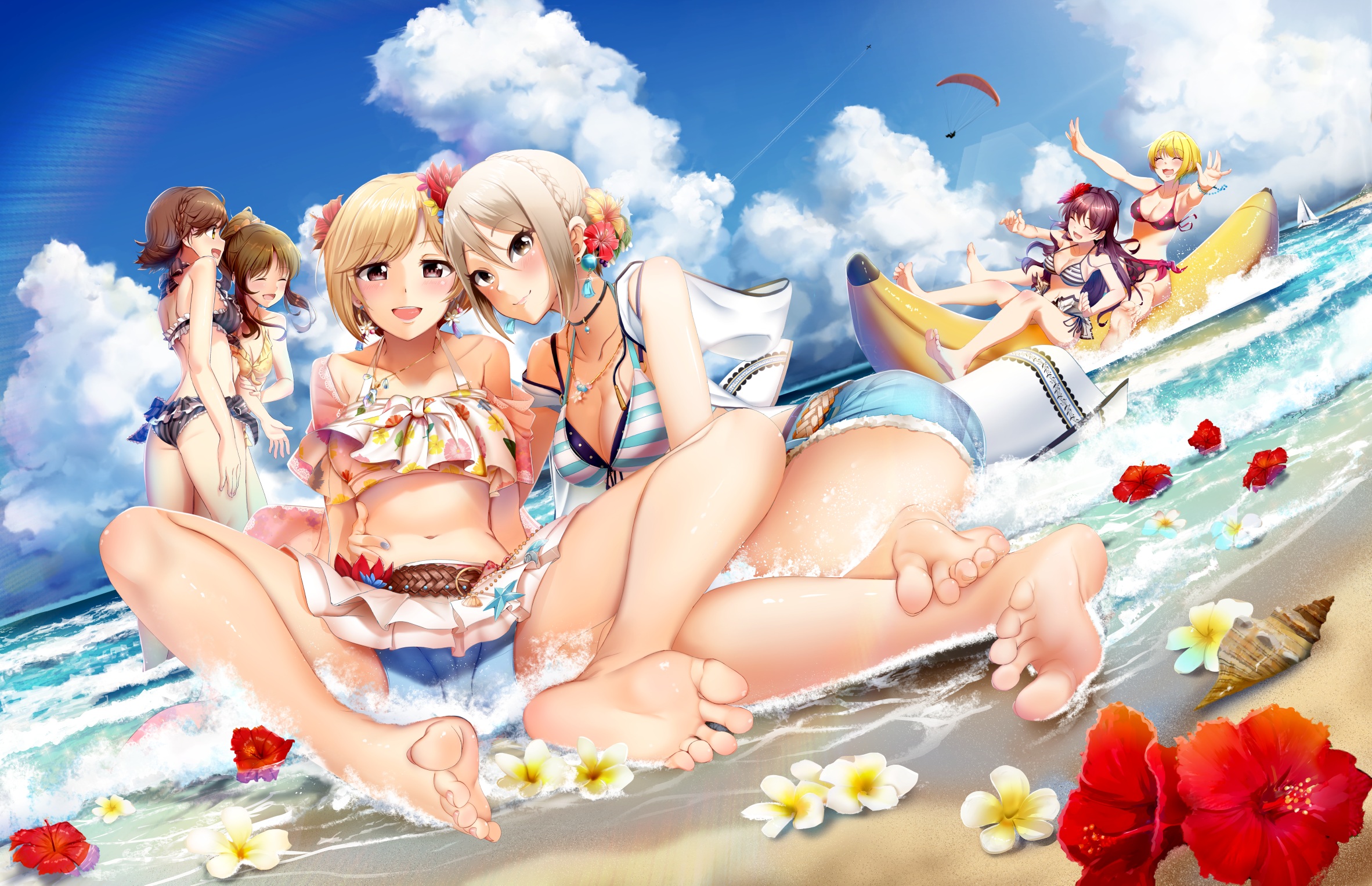 Anime 2364x1526 anime anime girls artwork beach swimwear bikini miniskirt short shorts cleavage feet THE iDOLM@STER Aiba Yumi Honda Mio Ichinose Shiki Miyamoto Frederica Shiomi Syuko casinoep flowers air mattress