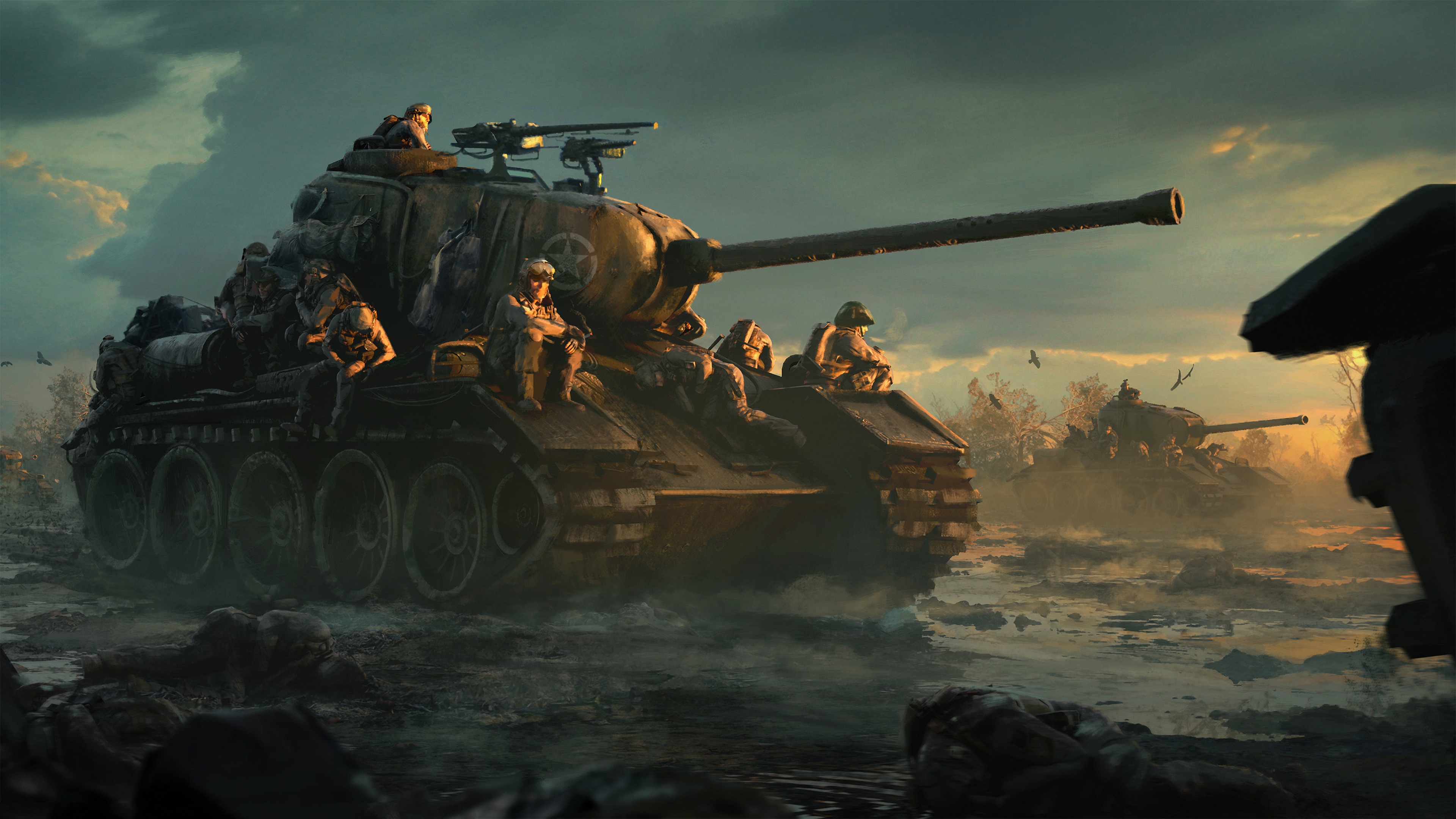 Anime 3840x2160 Wojtek Fus tank soldier war digital art sunset