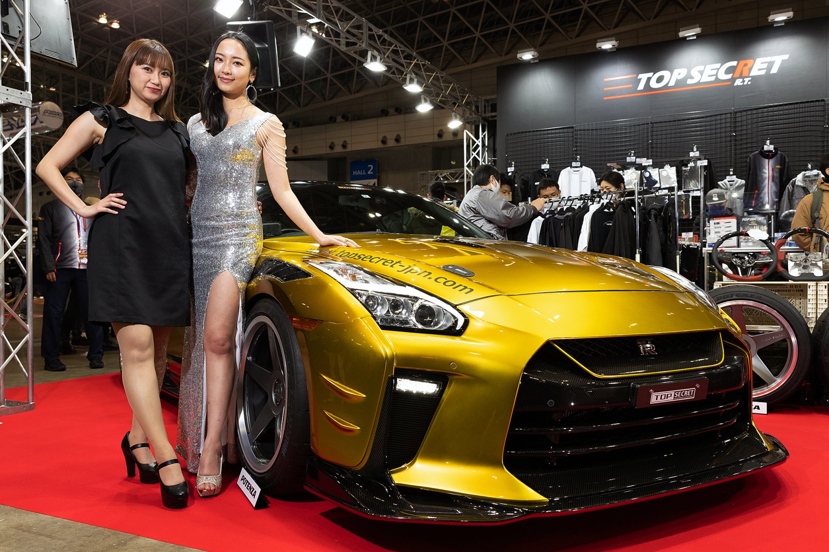 People 1622x1080 Nissan Top secret Japanese cars Smokey Nagata model women car sports car Nissan GT-R Asian high heels two women promomodels yellow cars vehicle heels black dress silver dress brunette standing black hair women indoors