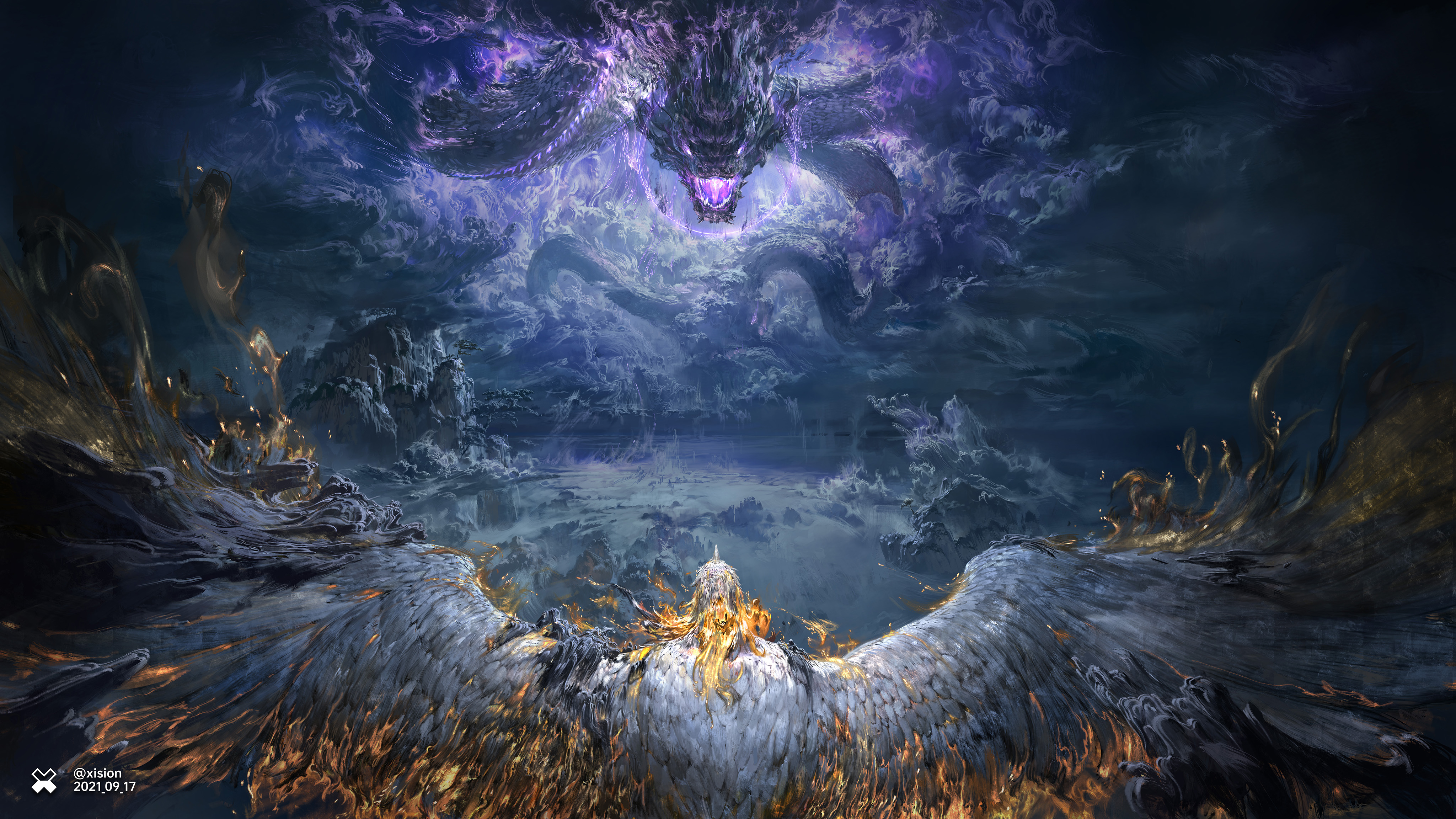 Anime 4096x2303 fire thunder storm dragon birds artwork digital art Xision Wu Chinese dragon face to face