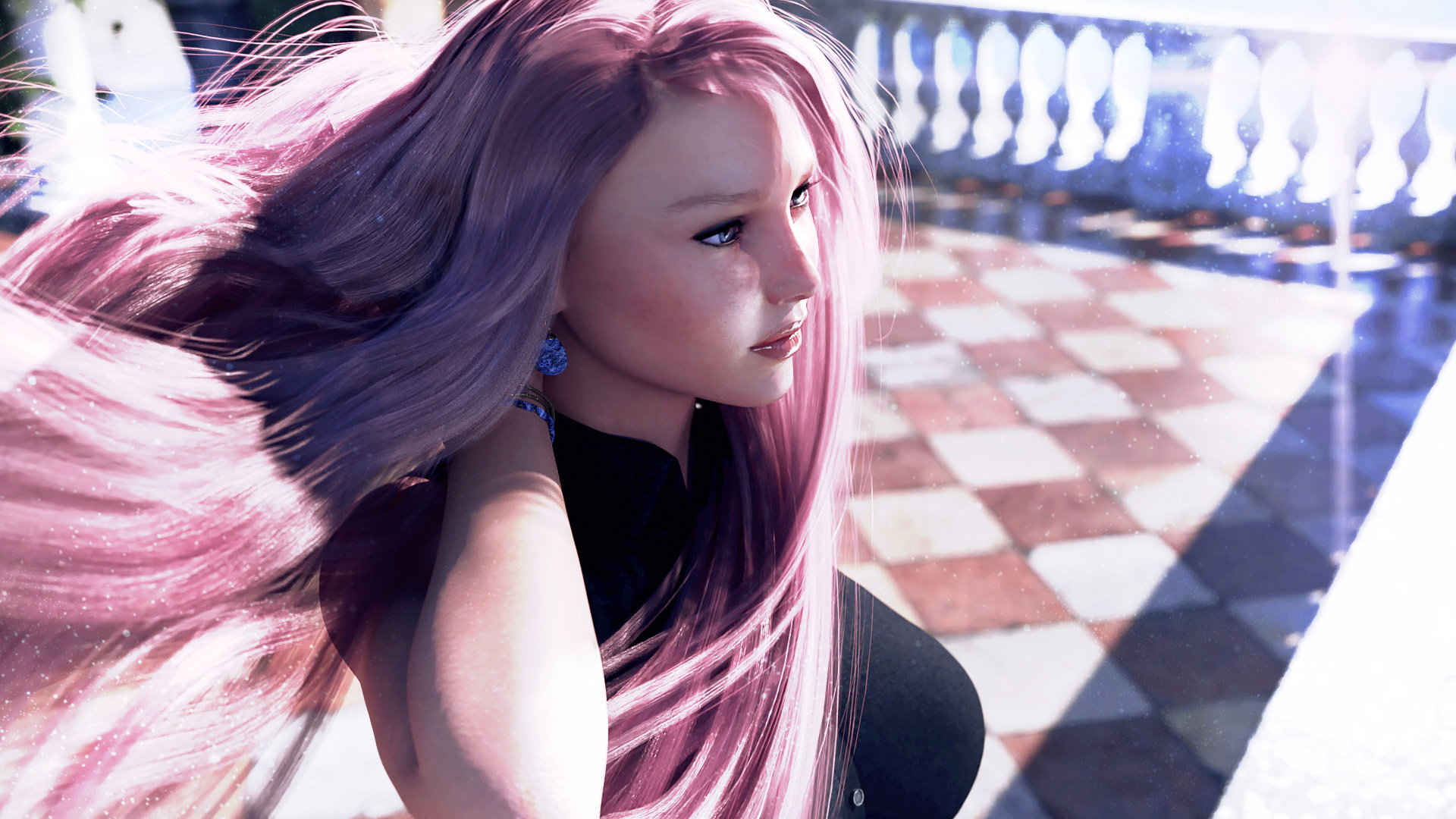 General 1920x1080 The Deluca Family CGI arms up lips jewelry black clothing digital art adult games pink hair looking away video game characters tiles balustrade sunlight backlighting long hair hand(s) in hair bracelets video game art lipstick closed mouth
