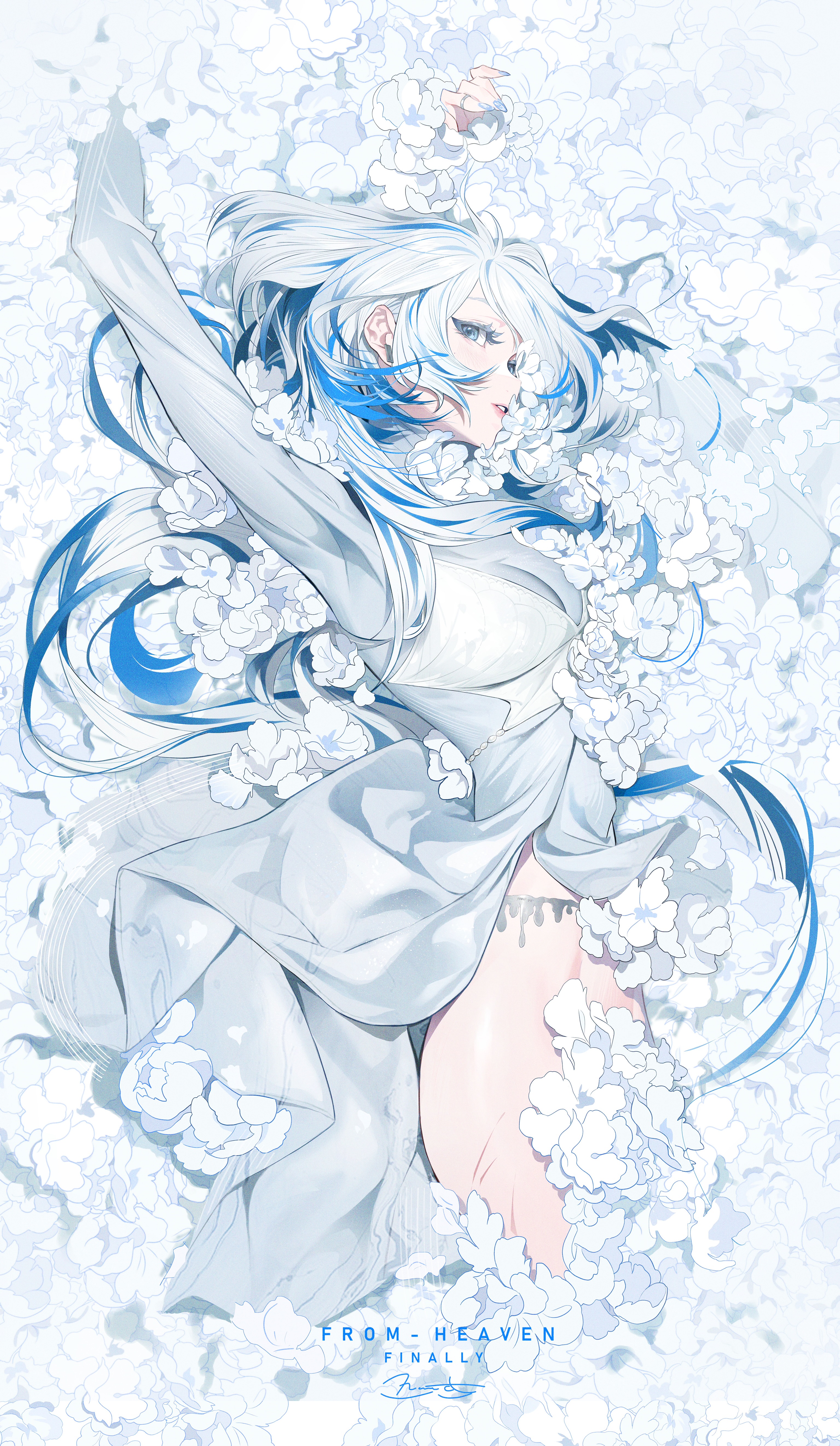 Anime 3070x5284 blue eyes white flowers anime girls blue hair flowers