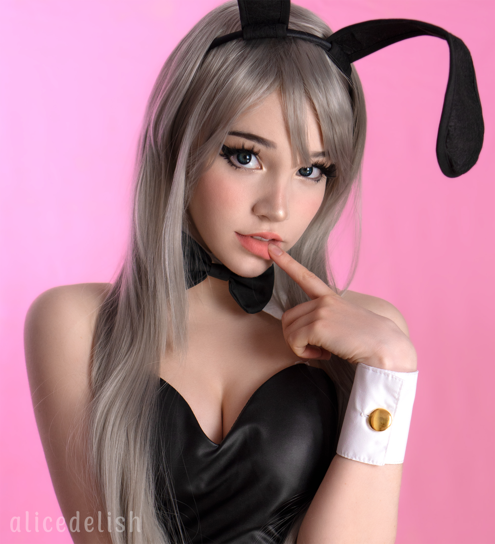 People 2000x2198 Alice Delish women white hair long hair Sakurajima Mai bunny suit cosplay finger on lips pouting