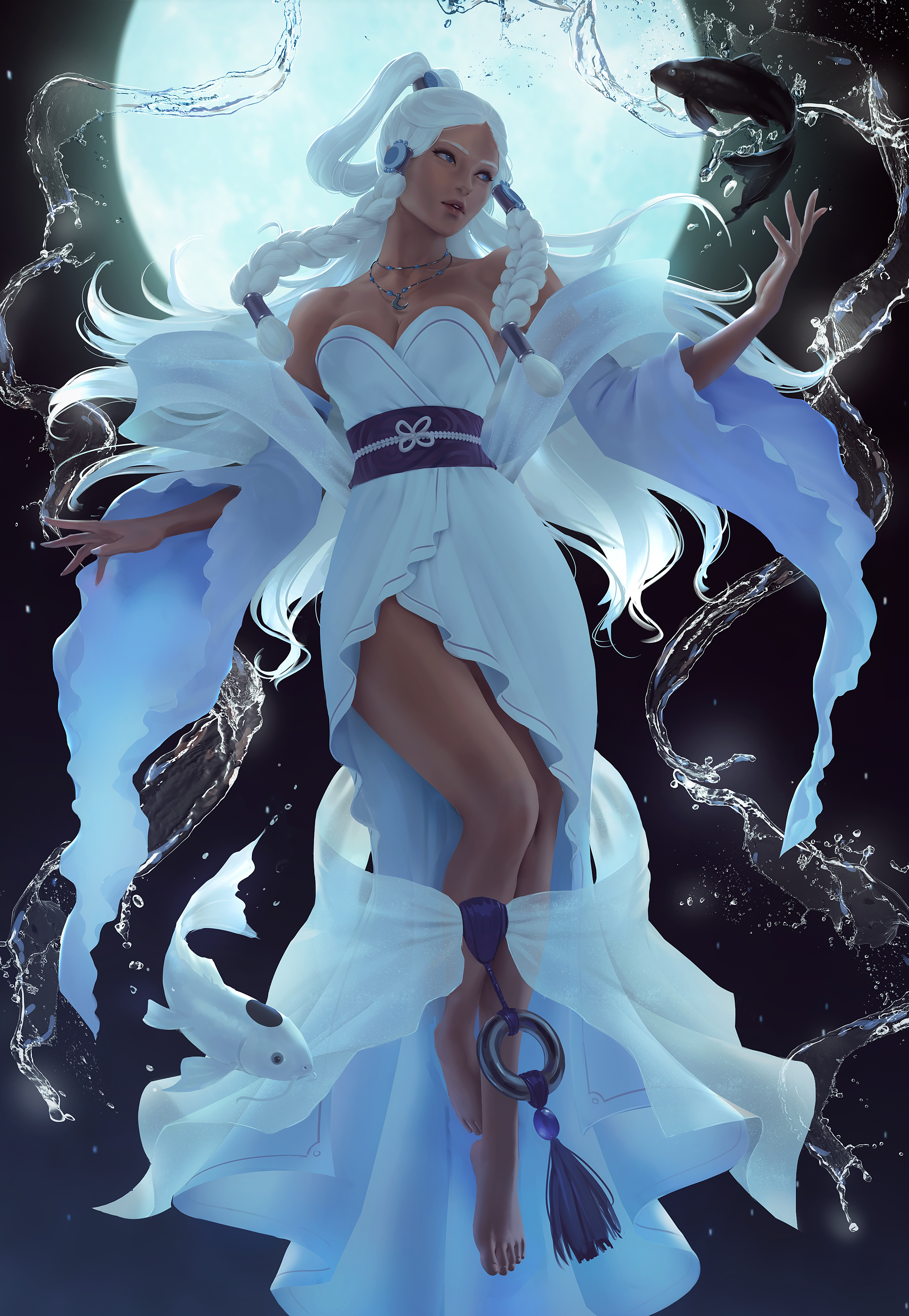 General 2764x4000 Princess Yue Avatar: The Last Airbender fictional character animated series moonlight braids white hair bare shoulders dress artwork 2D drawing fan art Zarory