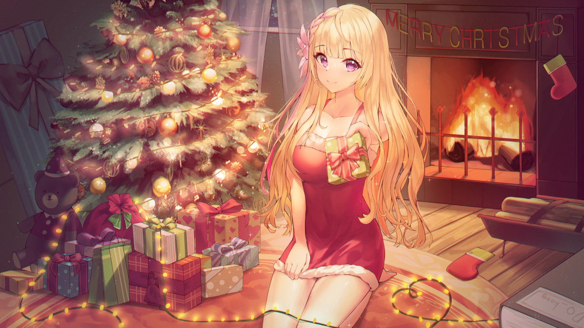 Anime 1920x1080 anime anime girls Wakum artwork Christmas Christmas tree christmas dress dress presents kneeling blonde purple eyes