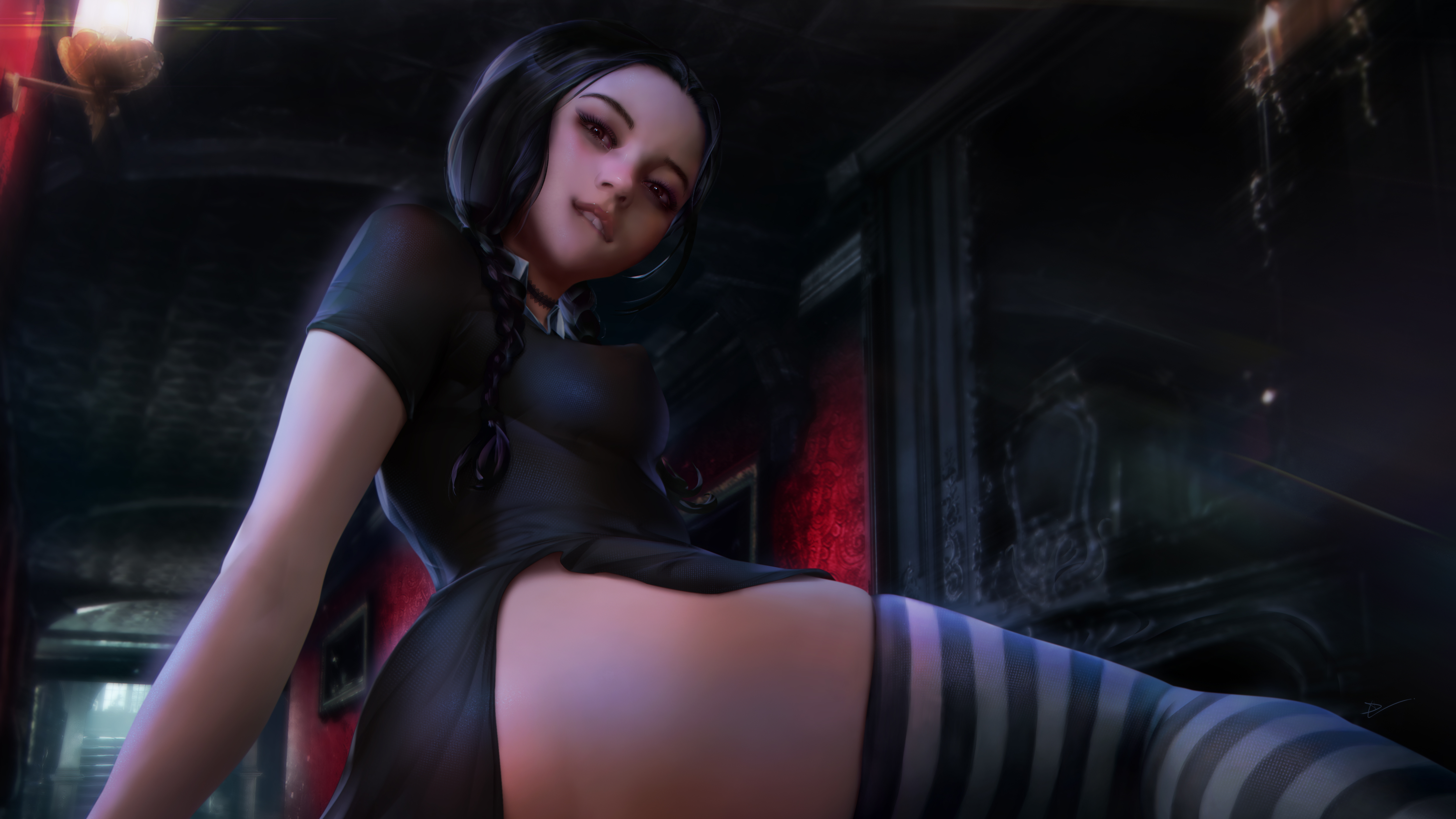 General 5000x2813 Wednesday Addams The Addams Family movies fictional character black hair twintails braids black dress dress thighs thigh-highs looking at viewer POV biting lips artwork drawing fan art DemonLordDante digital art