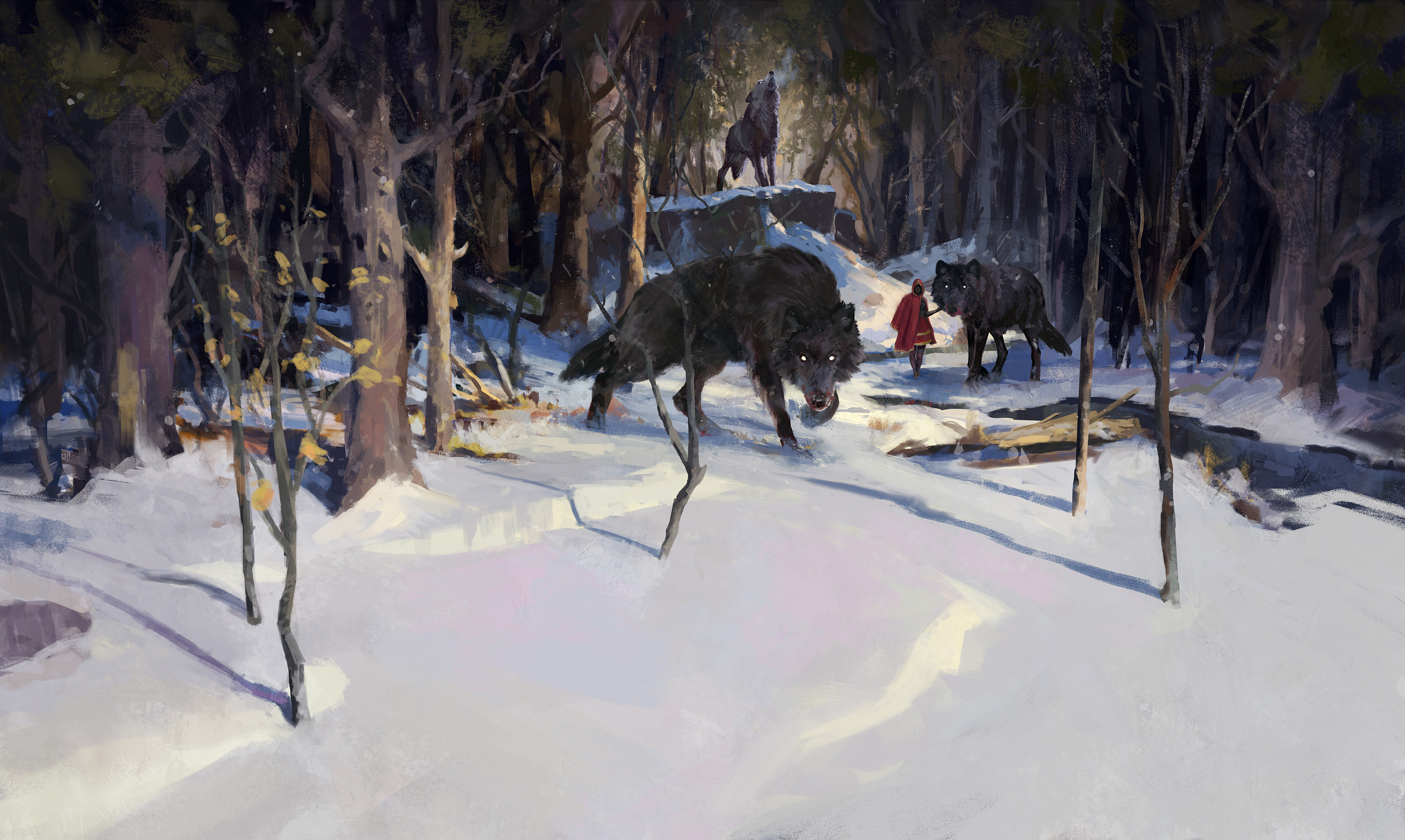 General 3208x1919 Gavin O'Donnell ArtStation winter snow wolf Little Red Riding Hood digital art