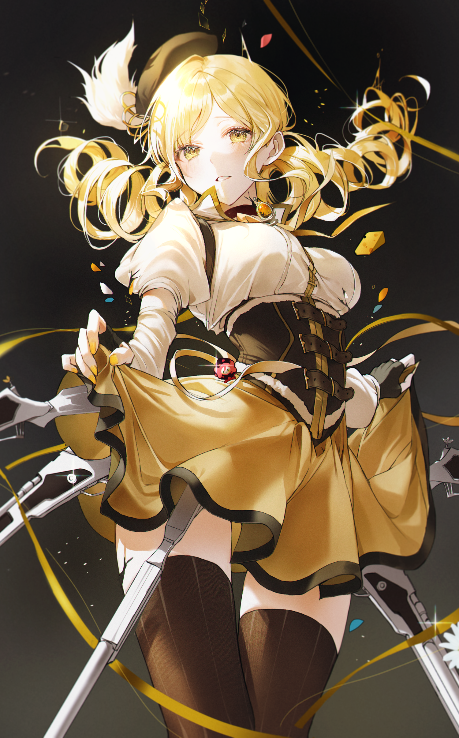 Anime 1500x2411 anime girls anime 2SHAM artwork Mahou Shoujo Madoka Magica Tomoe Mami blonde twintails yellow eyes thigh-highs lifting shirt