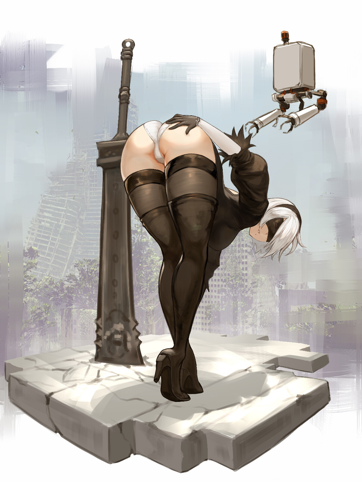 Anime 1201x1600 Azto Dio Nier: Automata 2B (Nier: Automata) anime girls bent over panties ass artwork video game girls stockings thigh high boots