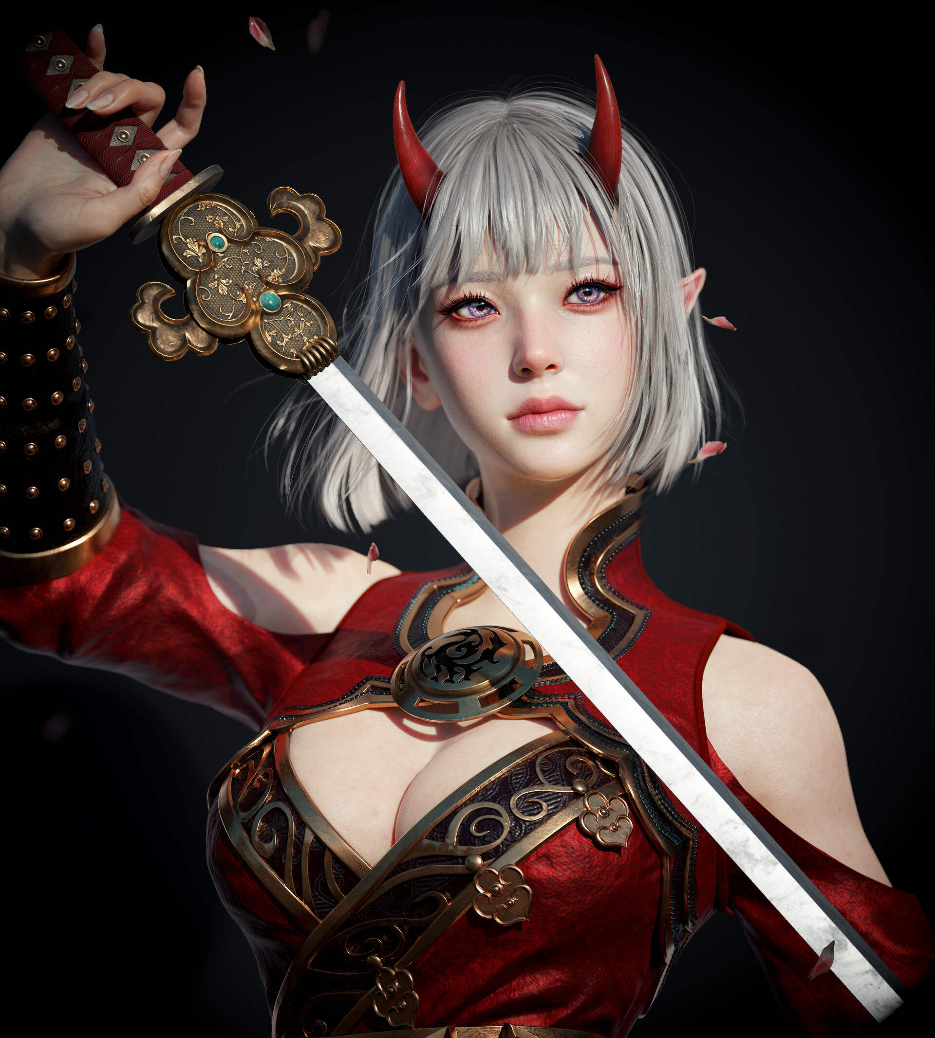 General 1920x2133 Eunji Lee CGI women silver hair bangs horns dress weapon sword simple background
