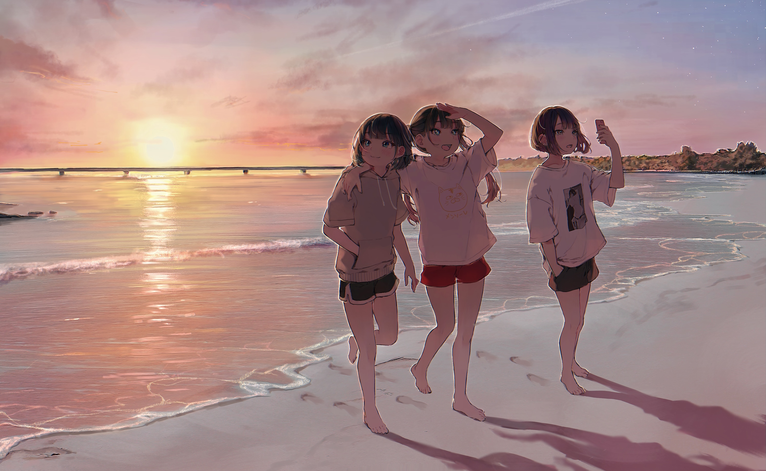 Anime 2984x1836 anime anime girls artwork Daluto original characters beach barefoot shorts sunset