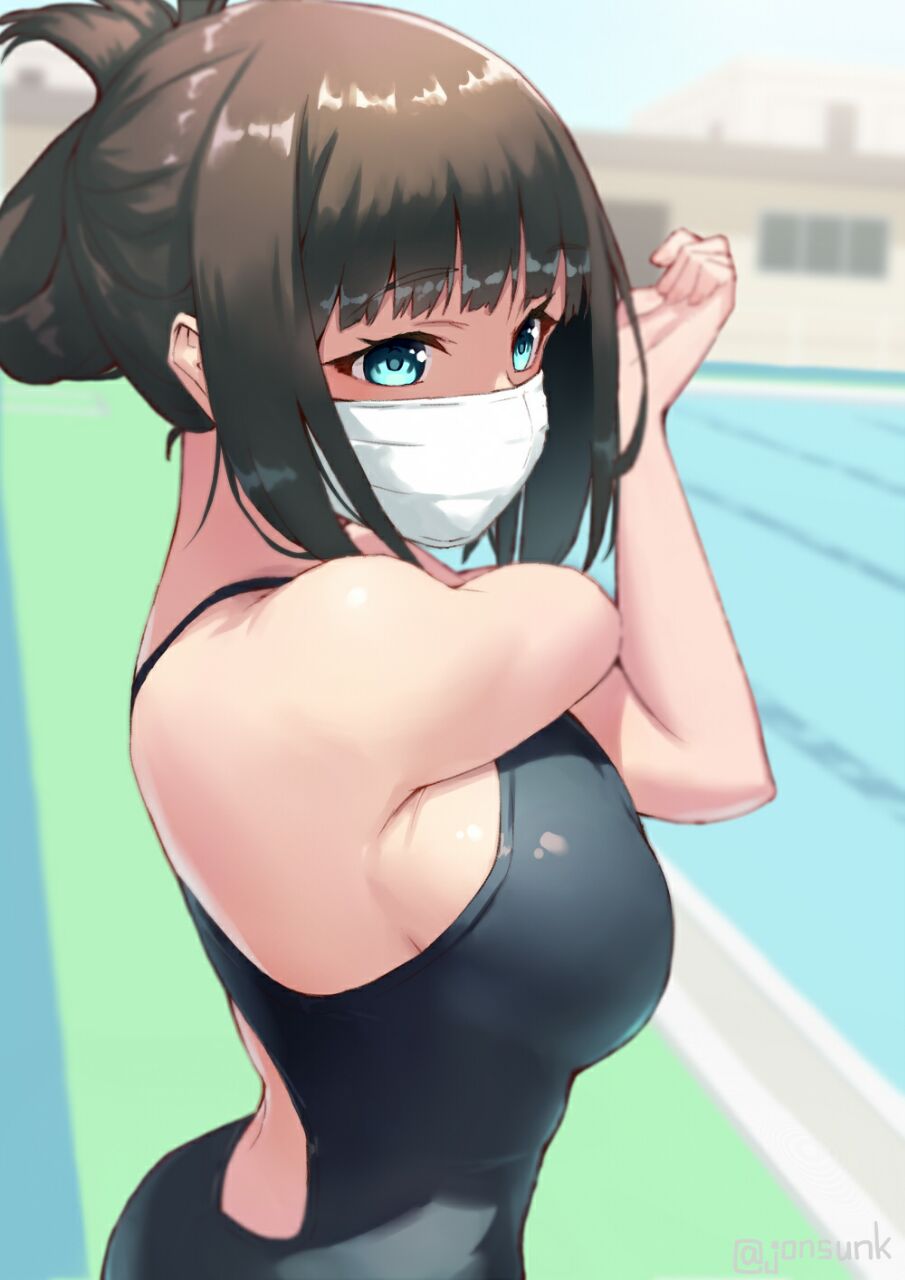 Anime 905x1280 anime anime girls jonsun artwork SSSS.GRIDMAN brunette blue eyes mask one-piece swimsuit sideboob swimming pool