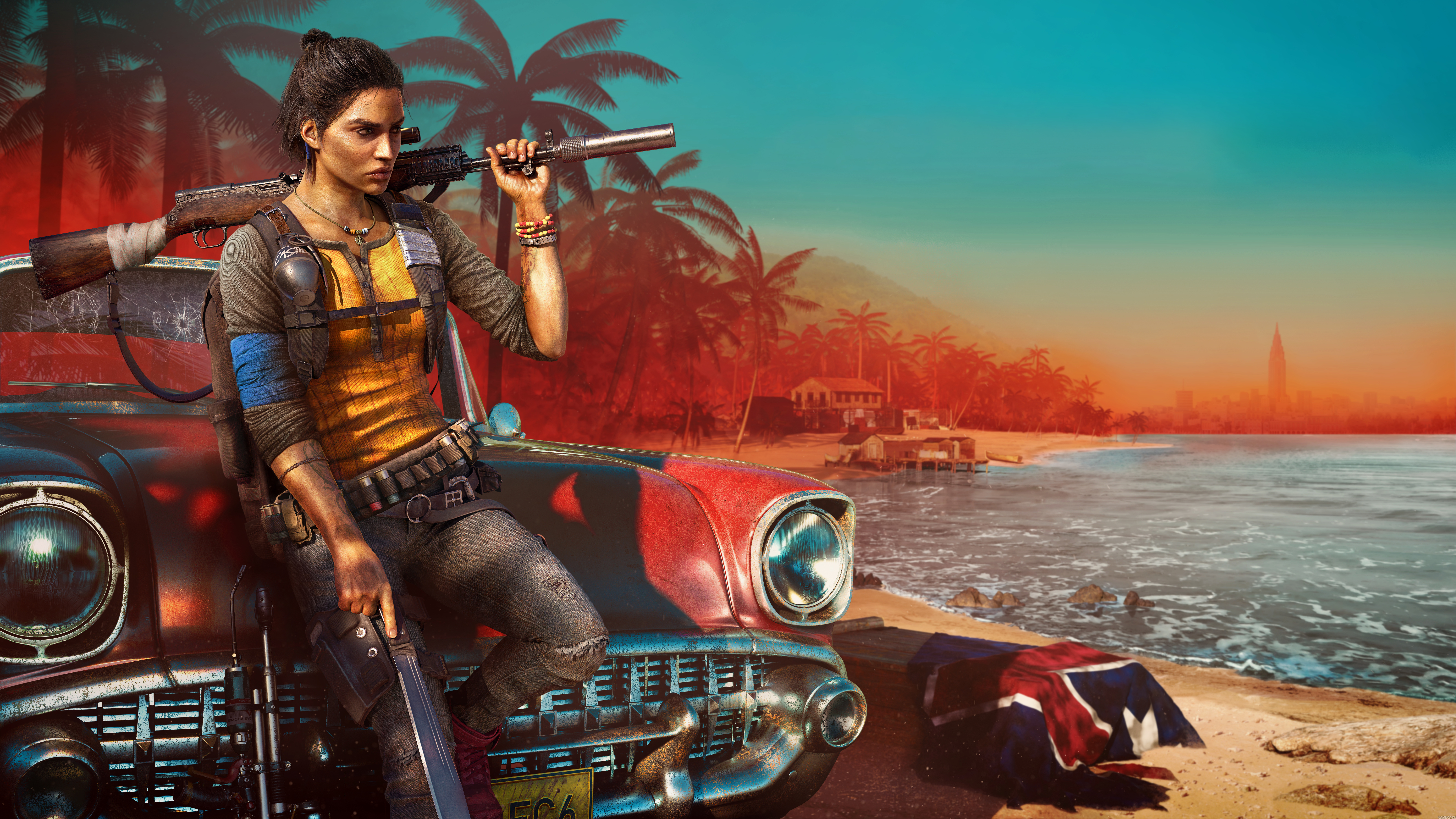 General 9000x5062 Dani Rojas video games video game characters gun video game girls rifles fictional character car women tattoo sleeve looking into the distance video game warriors knife Far Cry Survival Knife Far Cry 6