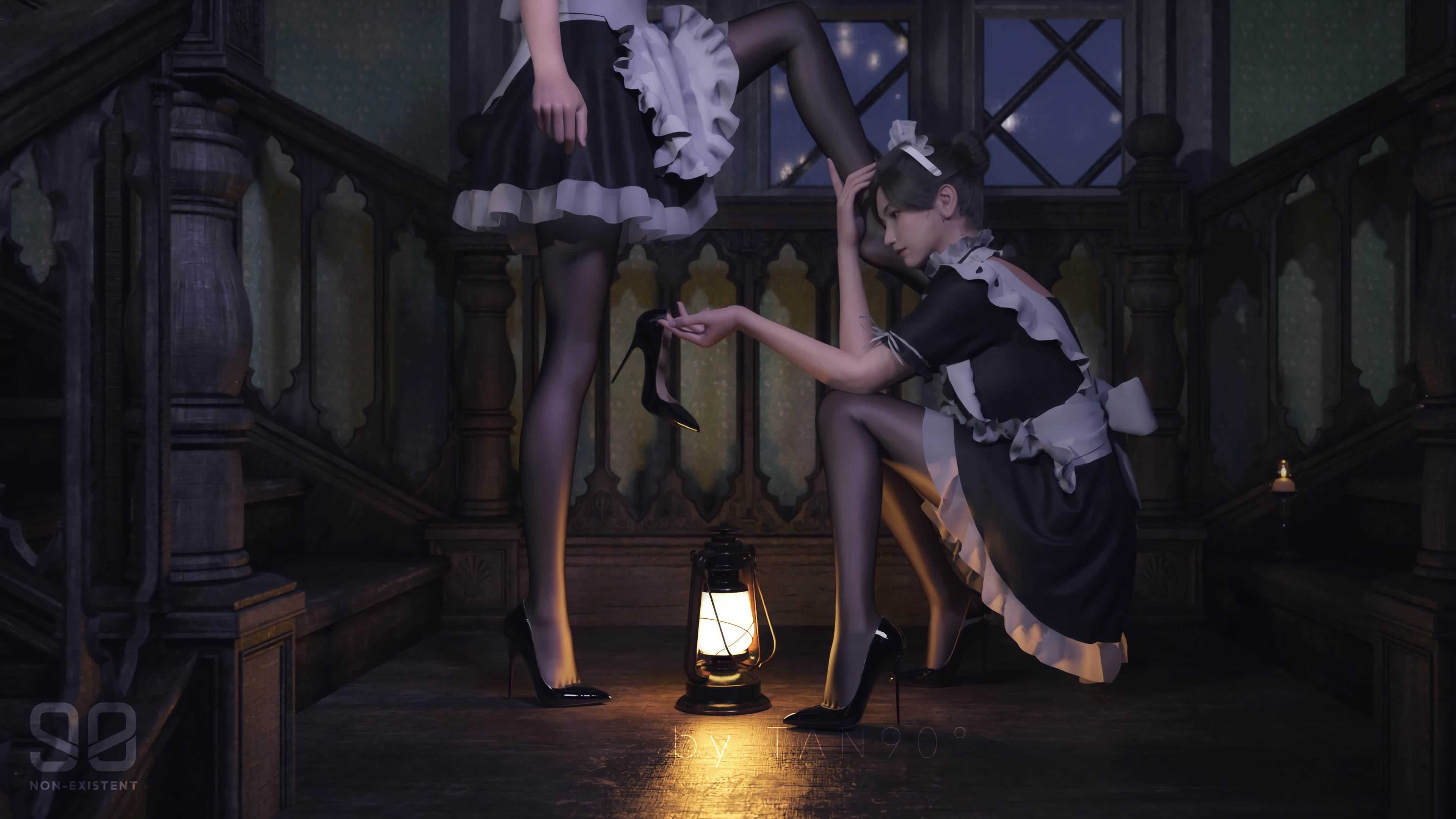 General 3840x2160 maid black stockings heels women low light digital art watermarked