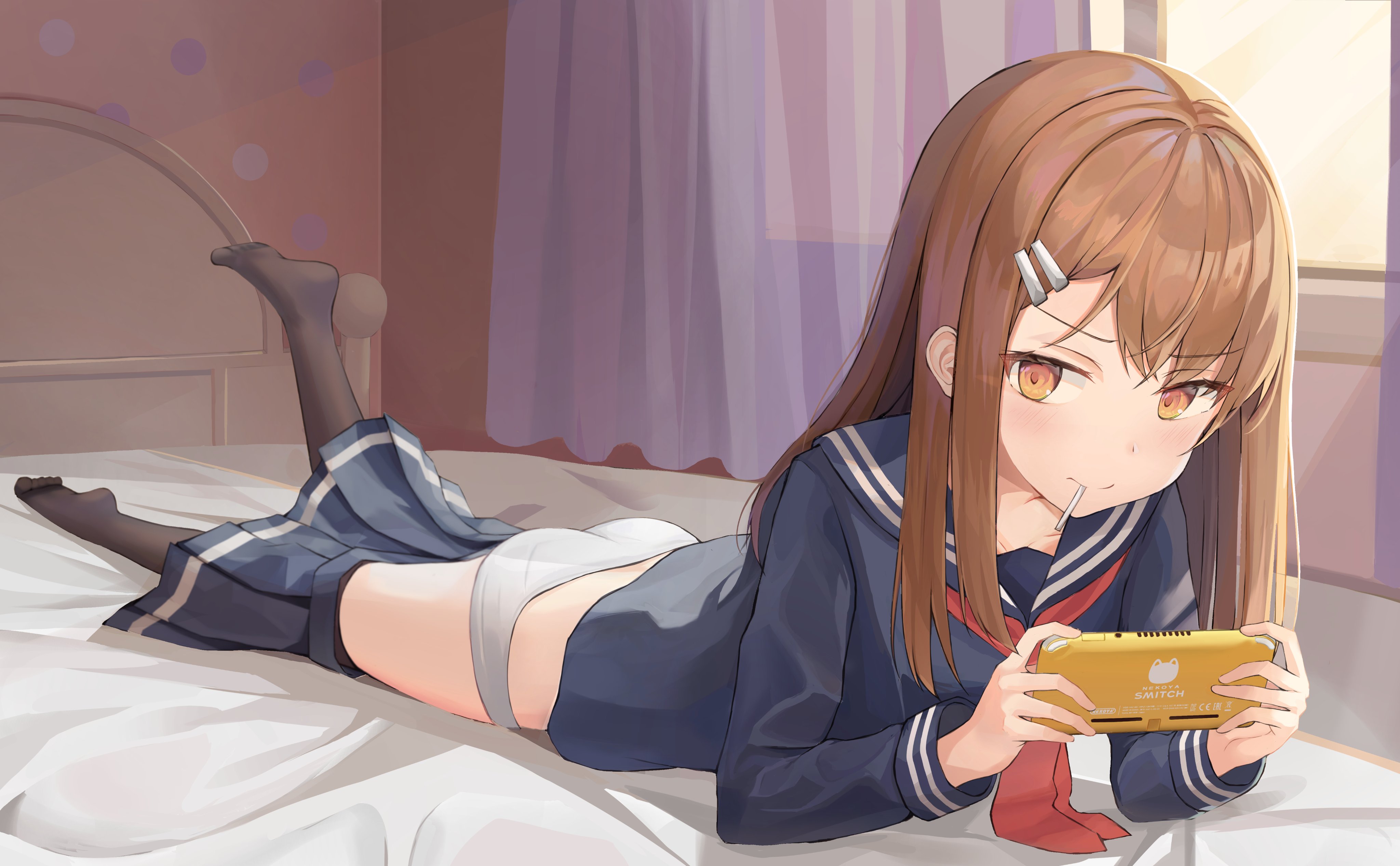 Anime 4096x2535 anime anime girls lying on front in bed panties artwork schoolgirl school uniform lying down brown eyes Nintendo Switch consoles looking at viewer blushing hair ornament sunlight Numa (artist) feet in the air loli ass long hair curtains bedroom women indoors indoors bed neckerchief closed mouth stockings