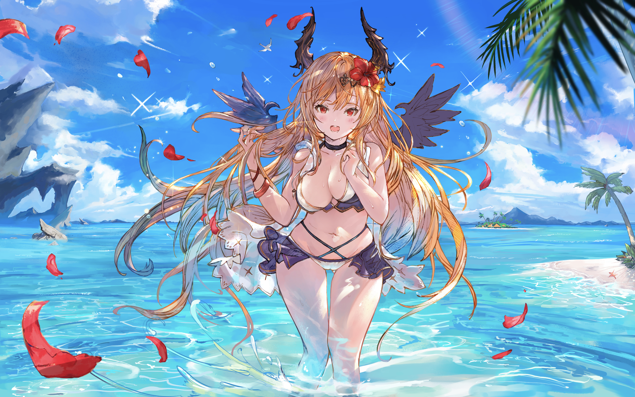 Anime 2152x1345 Dark Angel Olivia Granblue Fantasy anime anime girls beach long hair blonde red eyes horns wings bikini cleavage cameltoe sea leaves open mouth flower in hair choker birds clouds surprised palm trees water standing in water