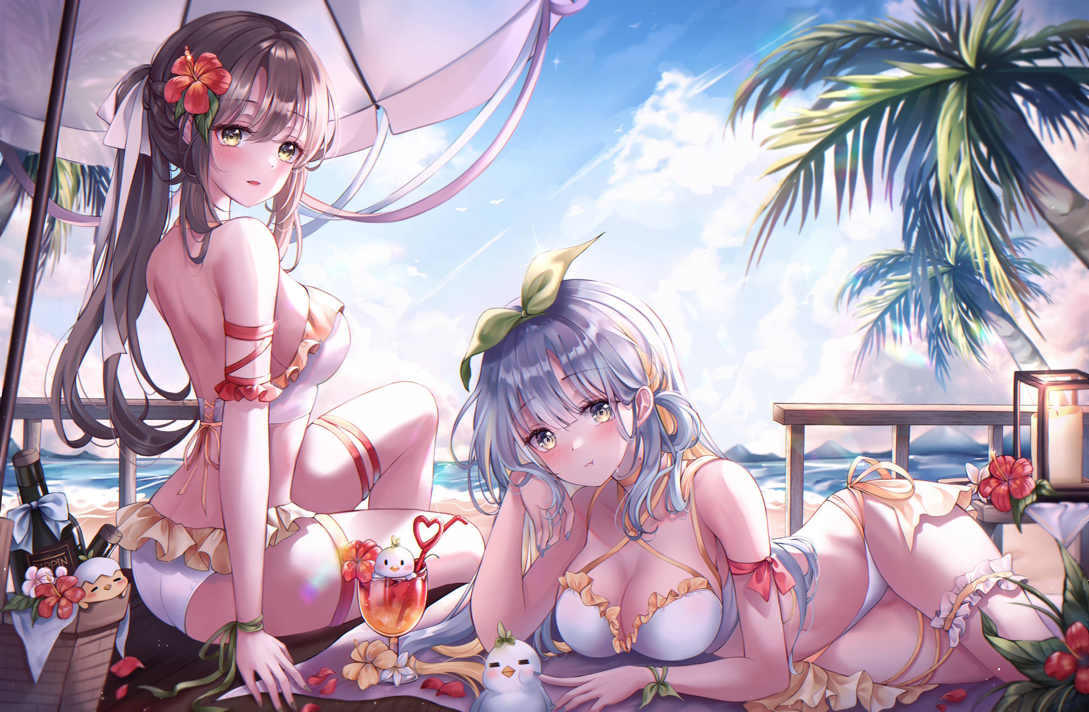 Anime 4299x2811 anime anime girls Pippin Sol artwork beach bikini big boobs cleavage parasol cocktails palm trees flowers hibiscus sideboob