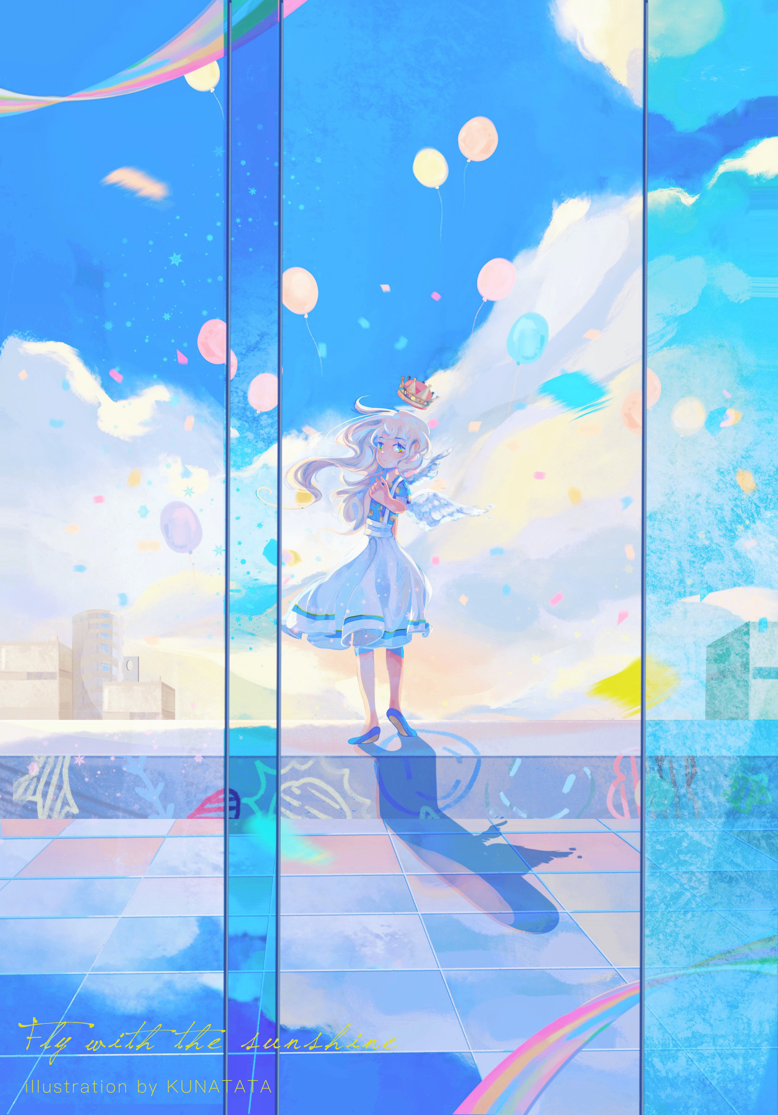 Anime 2634x3772 kunatata original characters anime anime girls sky balloon clouds dress glass