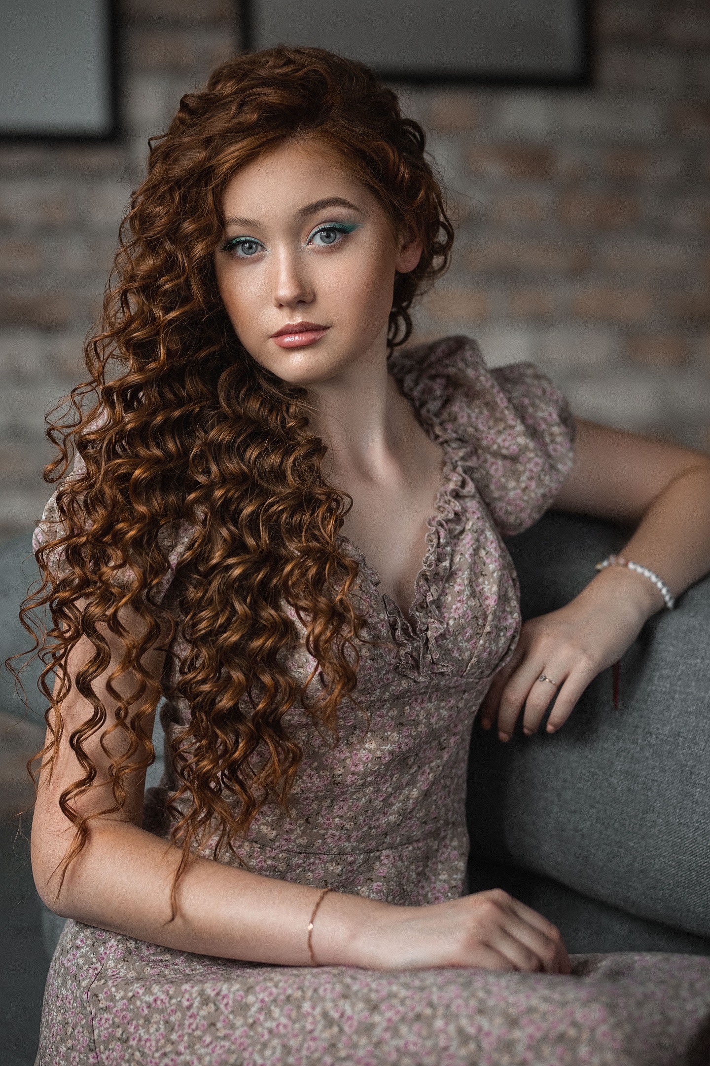 People 1440x2160 Vladimir Vasilev women brunette long hair curly hair makeup eyeshadow dress brown clothing couch indoors Angelina (model) portrait display