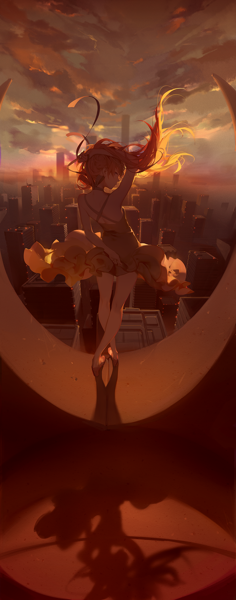 Anime 827x2100 Neon Genesis Evangelion yellow dress hair blowing in the wind looking back 2D anime girls bareback backless lifting dress sunset depth of field from behind clouds legs crossed skyscraper Yellow Heels Asuka Langley Soryu vertical long hair redhead anime bangs hair in face shadow blurred backlighting standing fan art ASK (artist) city lights choker Pixiv
