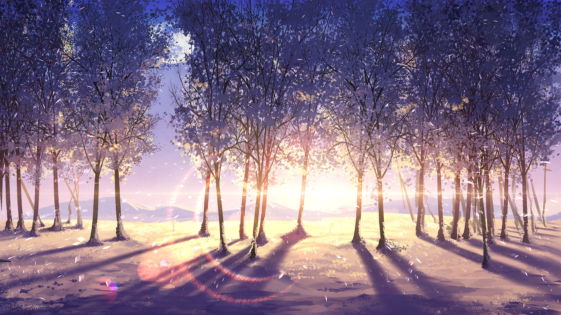 Anime 1920x1080 digital art painting trees winter sunrise