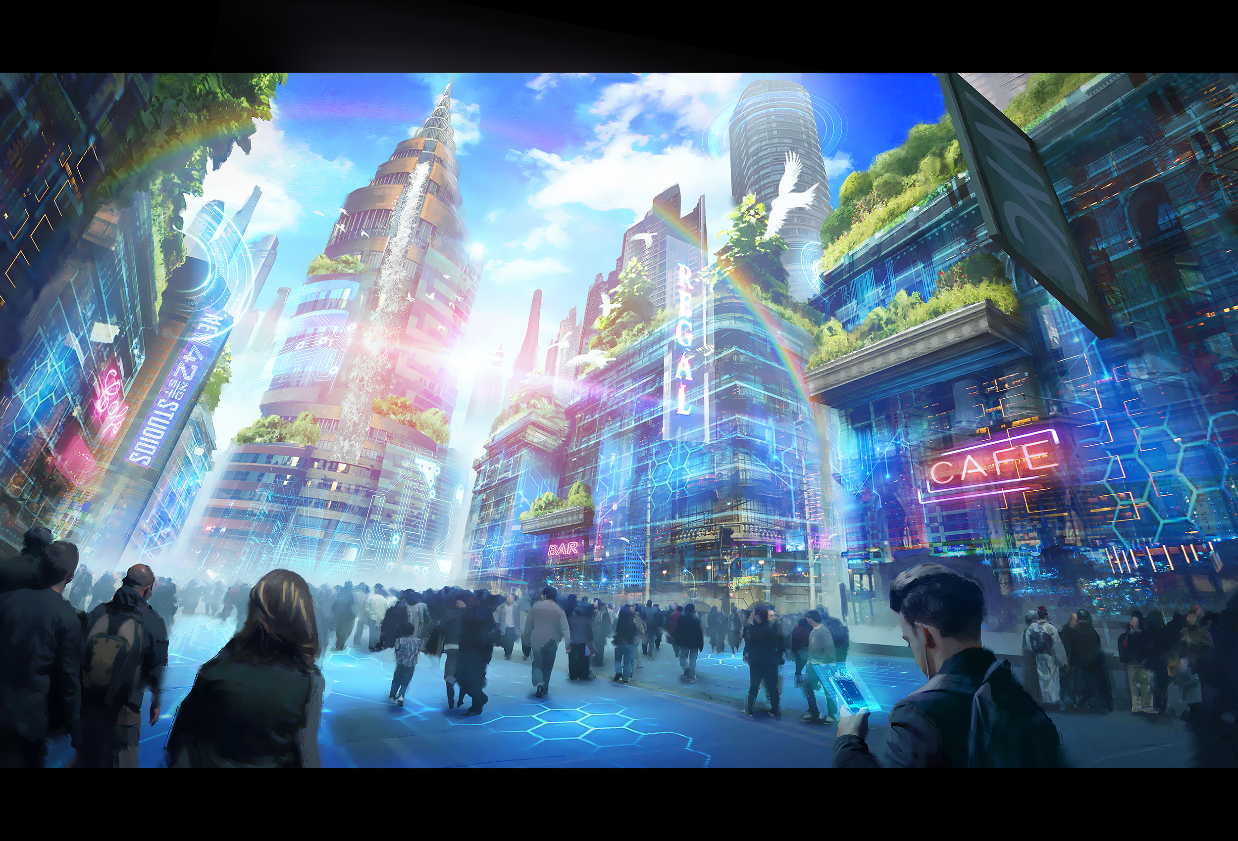 General 2500x1700 city colorful people neon fantasy city light effects building futuristic city digital art