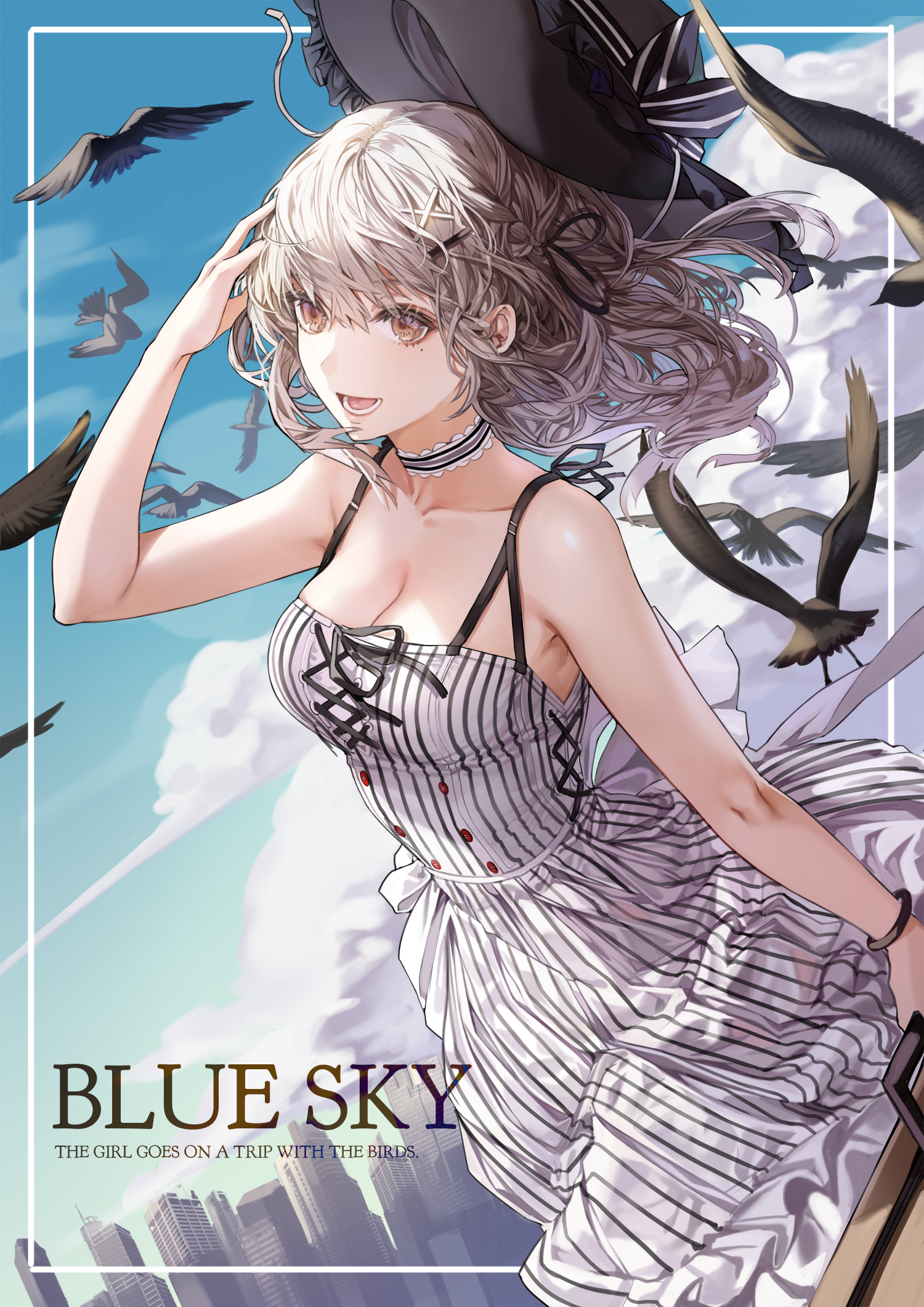 Anime 1500x2122 portrait display anime anime girls sky birds original characters EB+ dress no bra cleavage hat silver hair