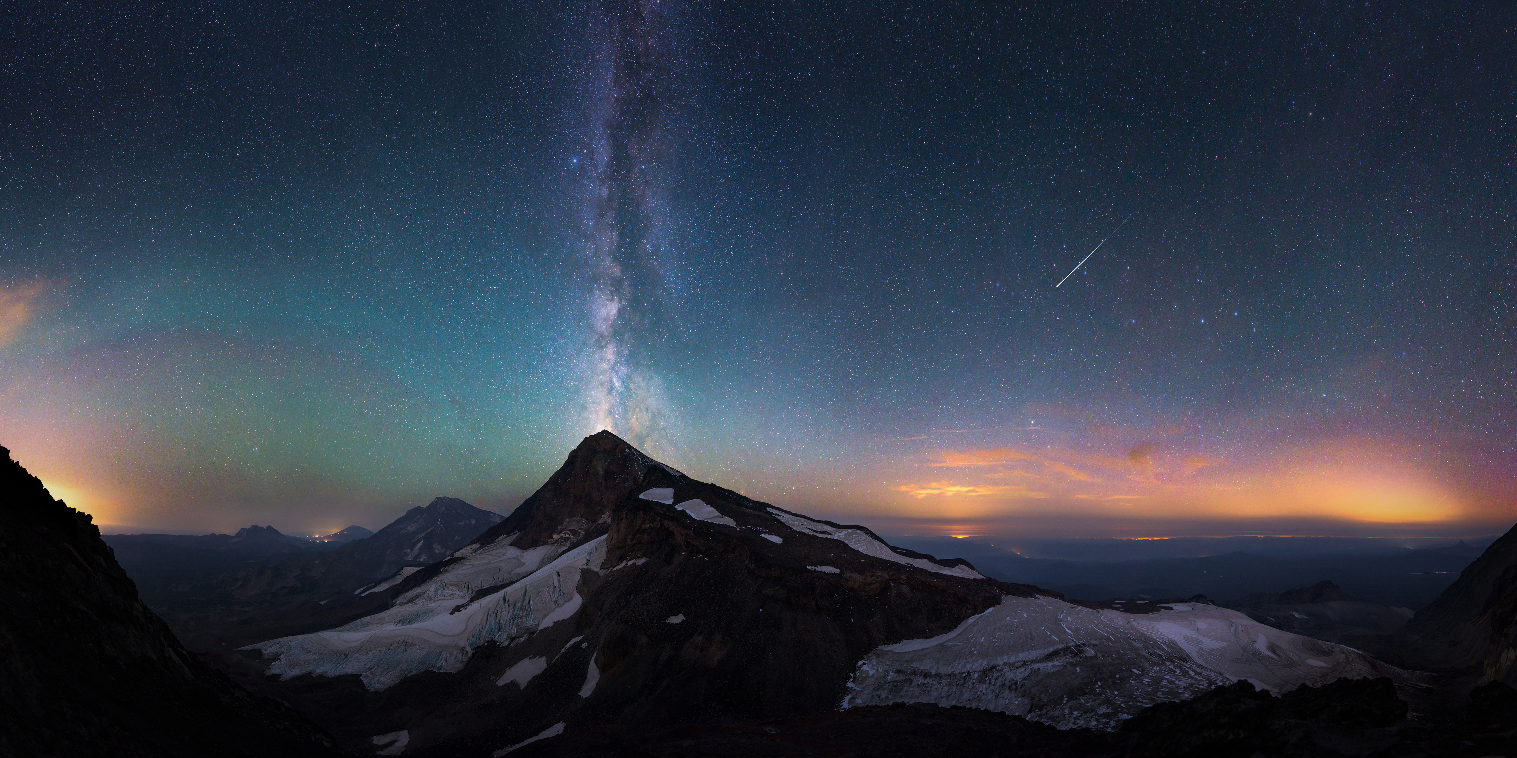 General 5120x2560 mountains stars landscape starscape Milky Way shooting stars glacier sky starry night sunset