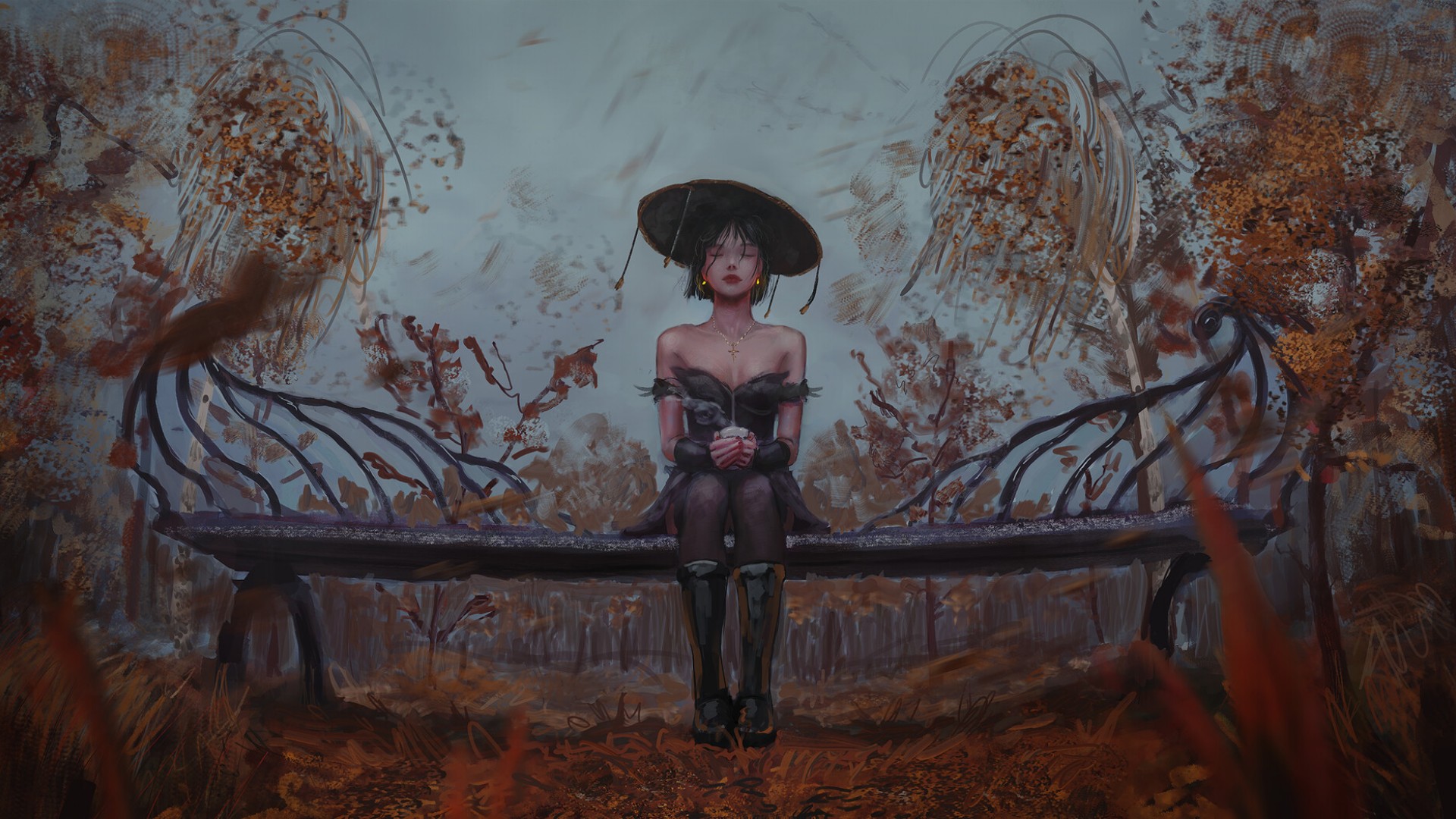 General 1920x1080 anime girls fall ArtStation trees necklace closed eyes frontal view centered bench park hat bare shoulders worm's eye view collarbone pantyhose