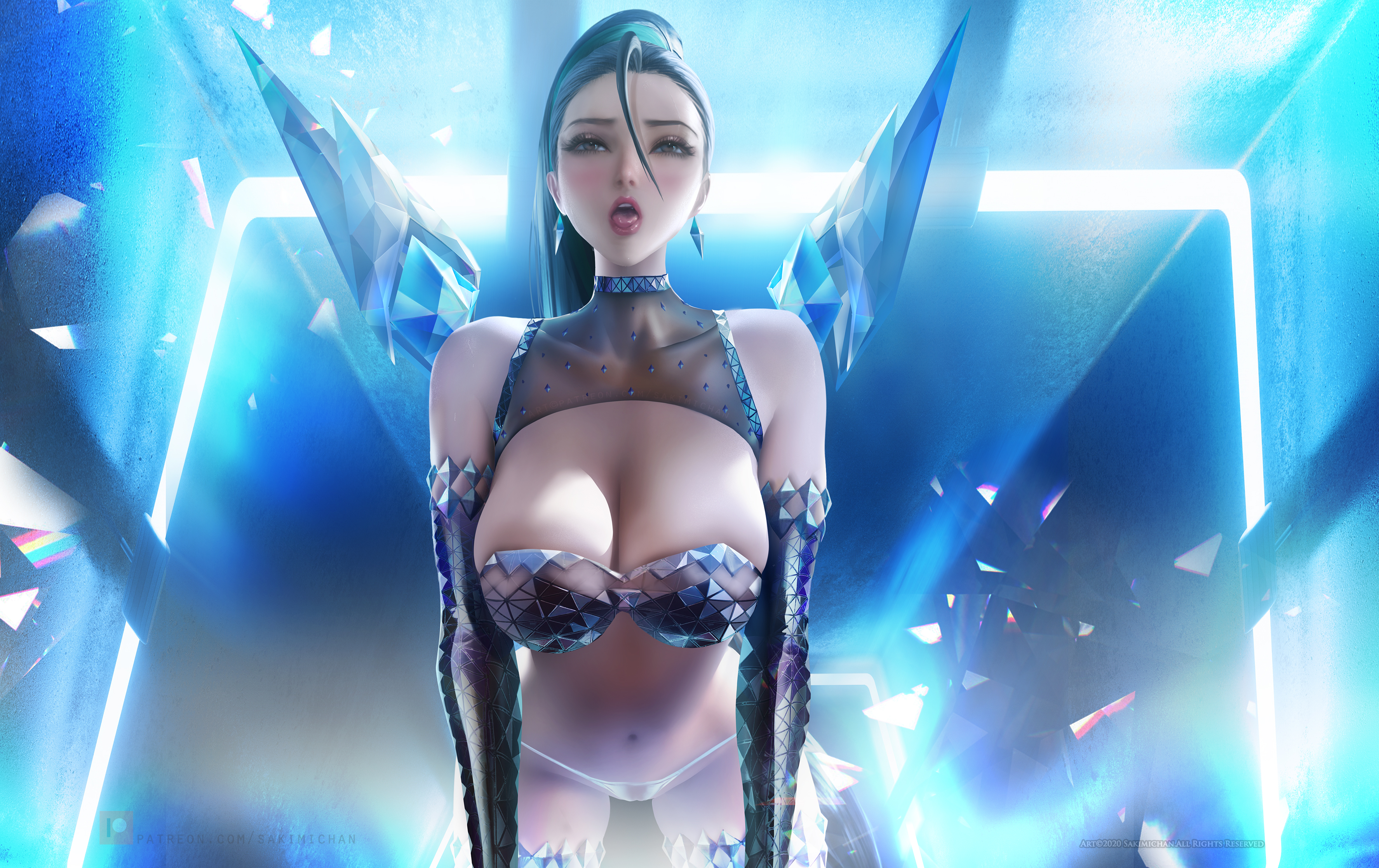 General 3550x2236 illustration artwork digital art fan art drawing fantasy art fantasy girl women Sakimichan video games video game girls video game characters video game art League of Legends Kai'Sa (League of Legends) open mouth blue hair ponytail boobs big boobs lingerie belly belly button K/DA ahegao frontal view blue aroused suggestive POV implied sex tongue out bright