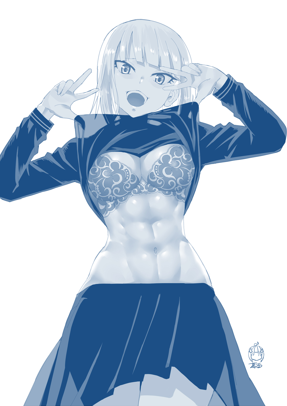 abs, 6-pack, JK, belly, thighs, lifting shirt, inked, open mouth, belly  button, peace sign, short hair, blunt bangs, curvy, looking at viewer,  underboob, shiny hair, the gap, Ge Xi, Dumbbell Nan Kilo