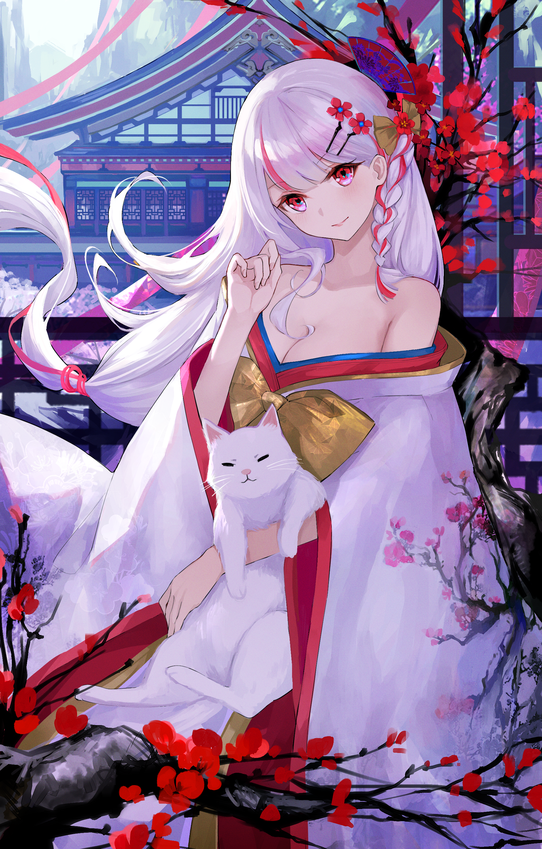 Anime 1828x2864 anime anime girls silver hair red eyes cats Japanese clothes cleavage