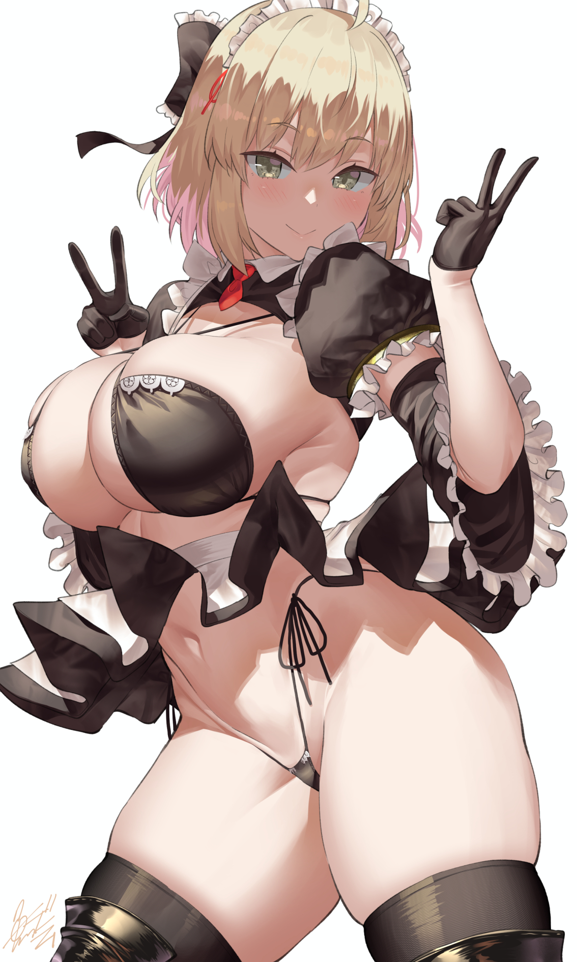 Anime 1134x1890 anime anime girls big boobs curvy Uo Denim artwork Okita Souji Fate series Fate/Grand Order blonde green eyes smiling maid outfit maid bikini huge breasts looking at viewer wide hips thigh-highs white background