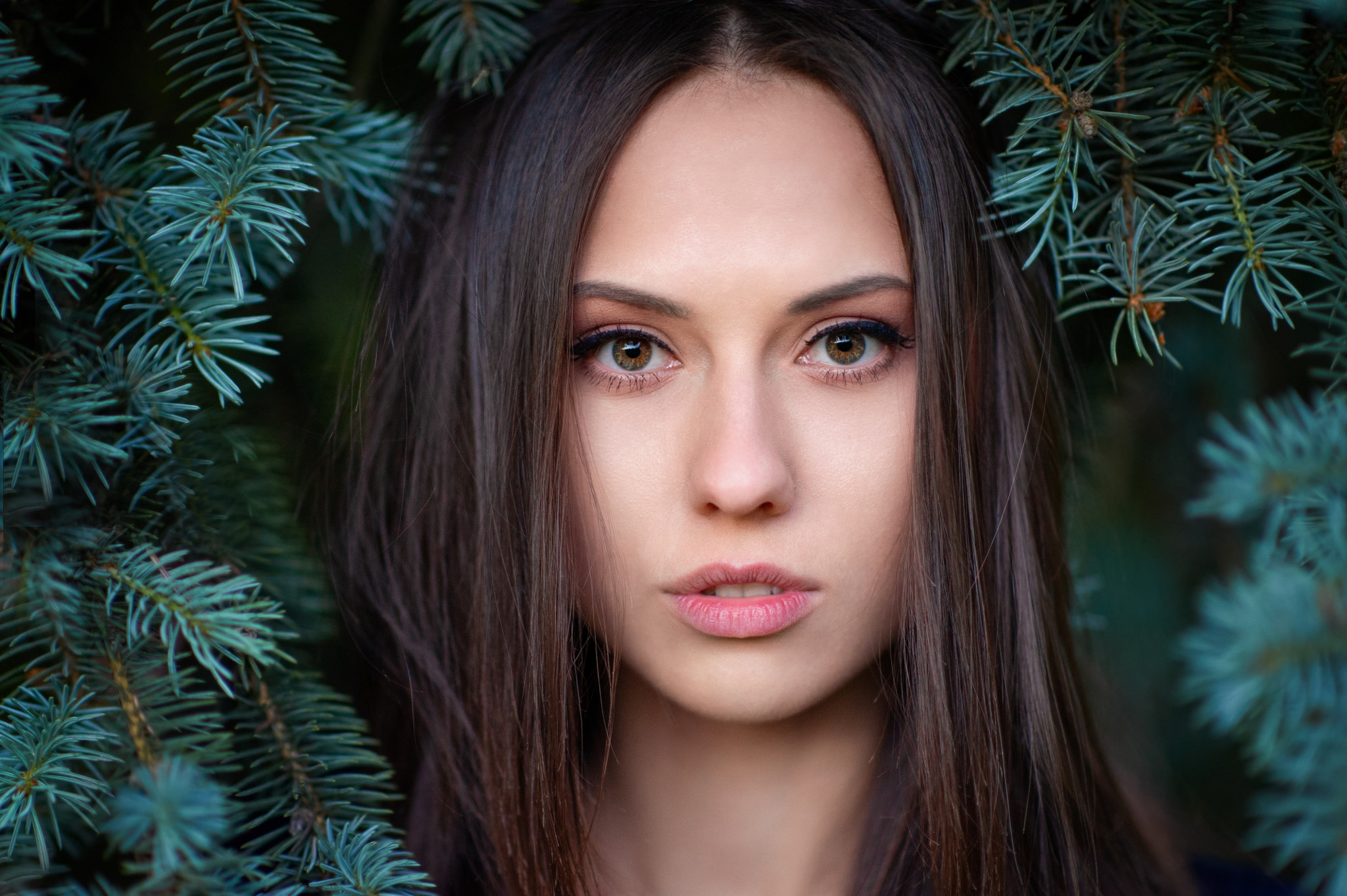People 2048x1363 Maxim Maximov women Catherine Timokhina brunette long hair makeup eyeliner looking at viewer brown eyes parted lips plants portrait face green eyes closeup