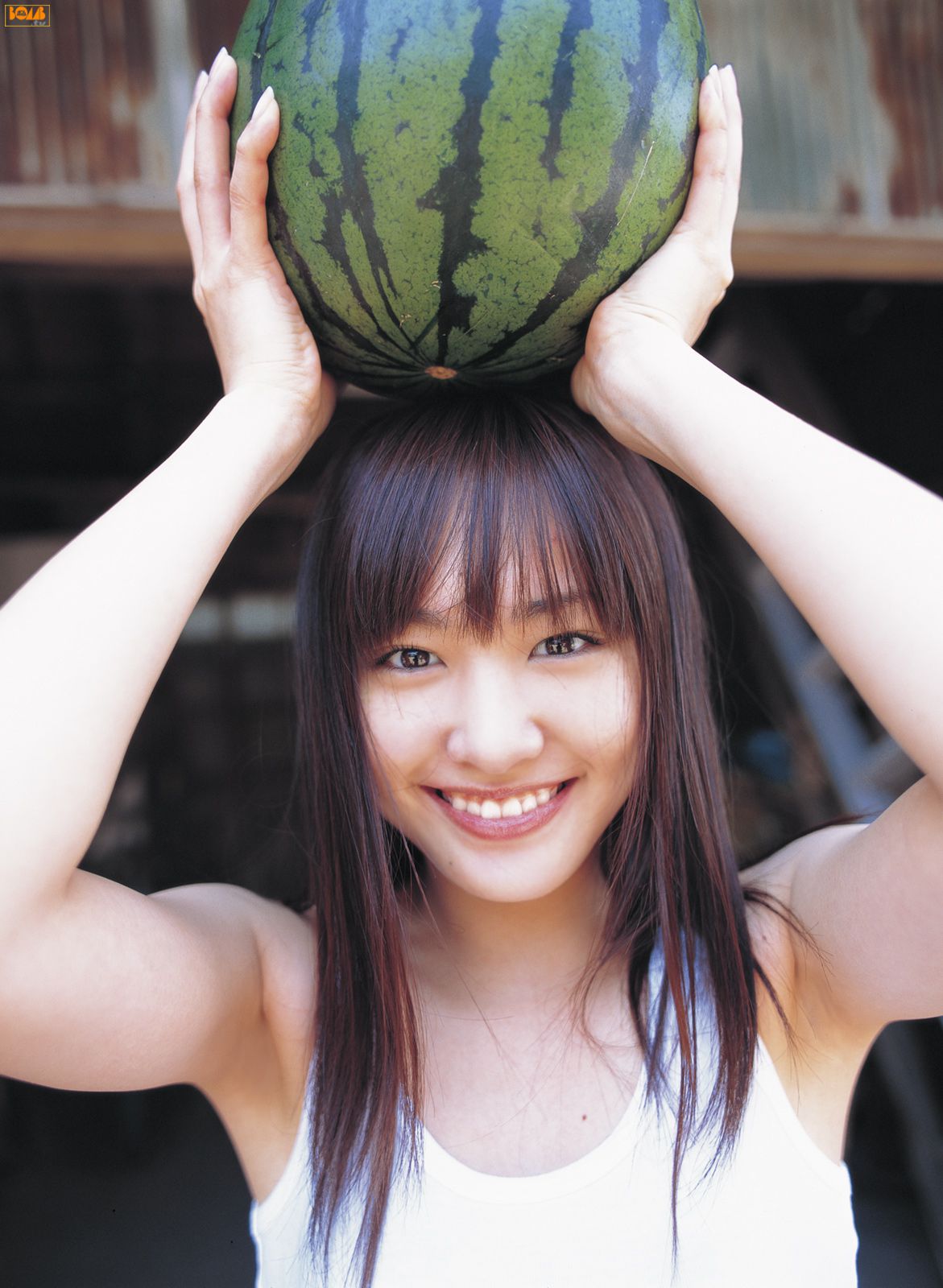 People 1171x1600 Asian women Japanese women Yui Aragaki watermelons food fruit smiling actress model long hair brunette women outdoors looking at viewer