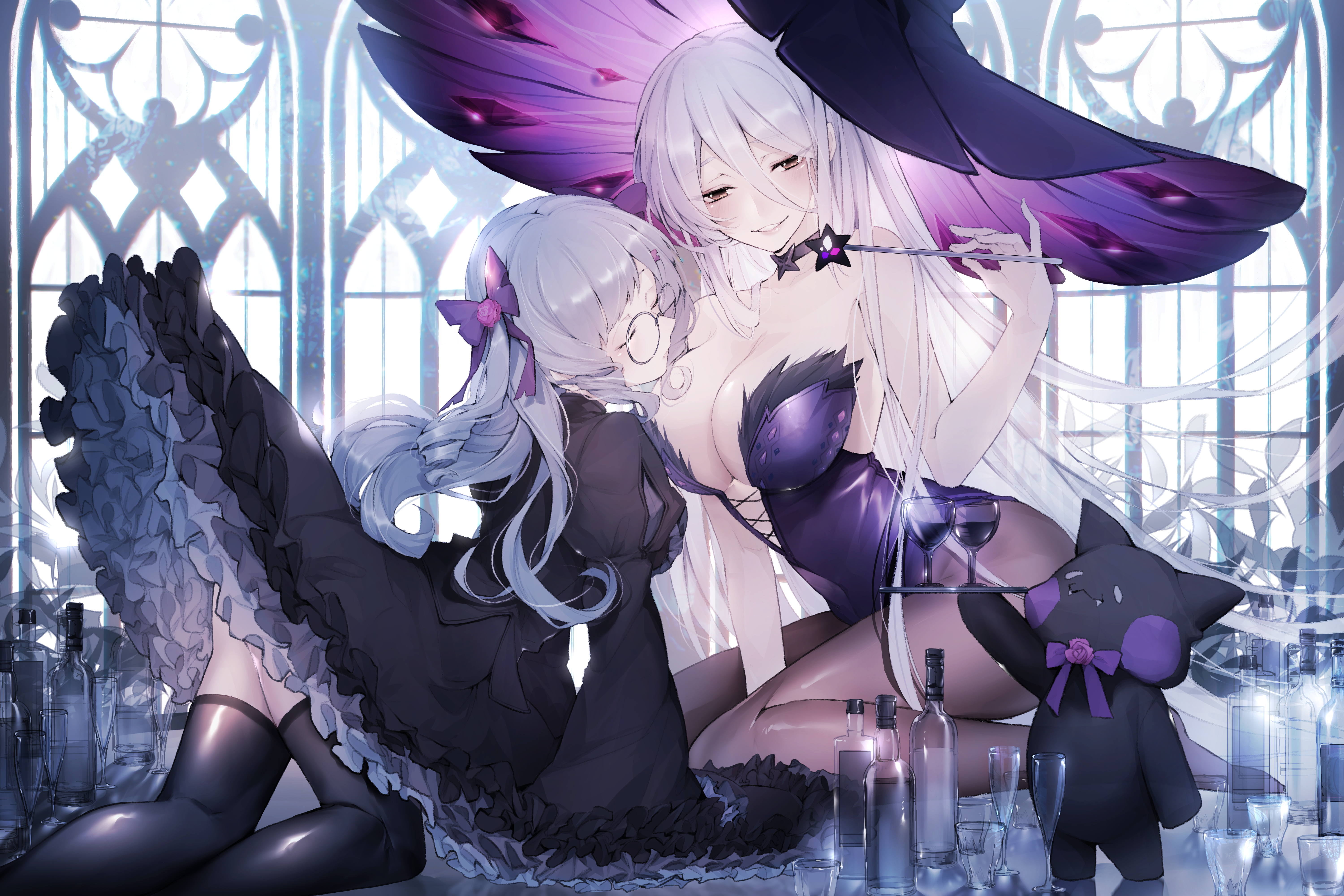 Anime 6000x4000 illusion connect white hair big boobs black dress cleavage wands witch hat black cats pantyhose thigh-highs lolita fashion leotard bent over kneeling gray hair glasses artwork Bakaouzi999