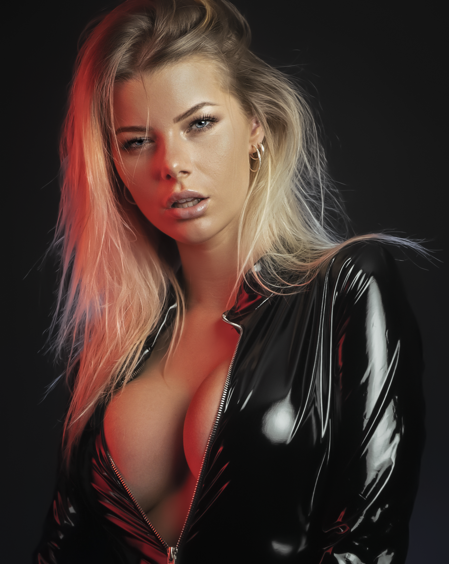 People 1458x1830 Kennet Brandt women Killeryina blonde long hair red light latex cleavage unzipped simple background