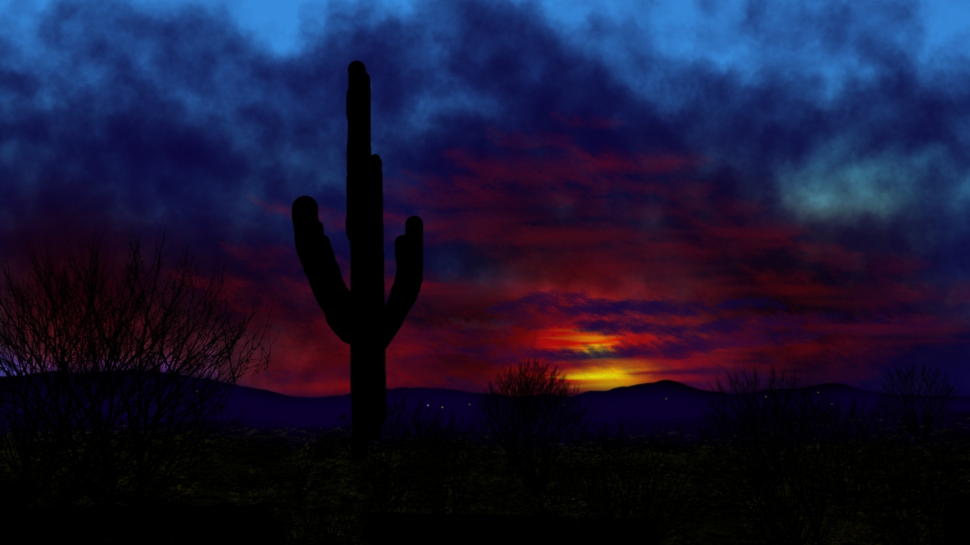 General 1920x1080 digital painting digital art nature landscape cactus dusk