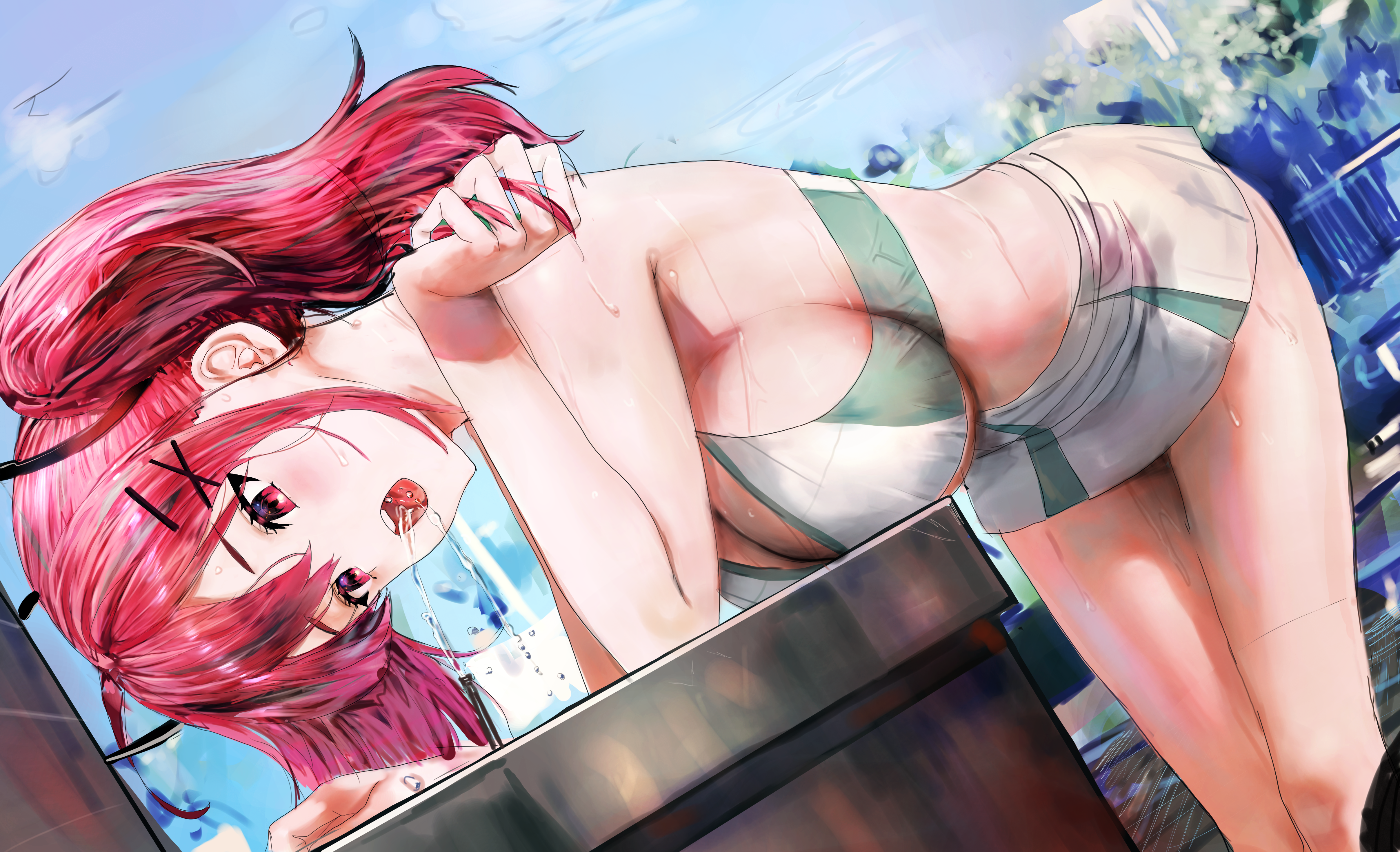 Anime 4830x2940 anime anime girls huge breasts drinking miniskirt wet clothing sportswear big boobs redhead red eyes twintails bent over Bremerton (Azur Lane) Azur Lane Ah (artist) artwork bright