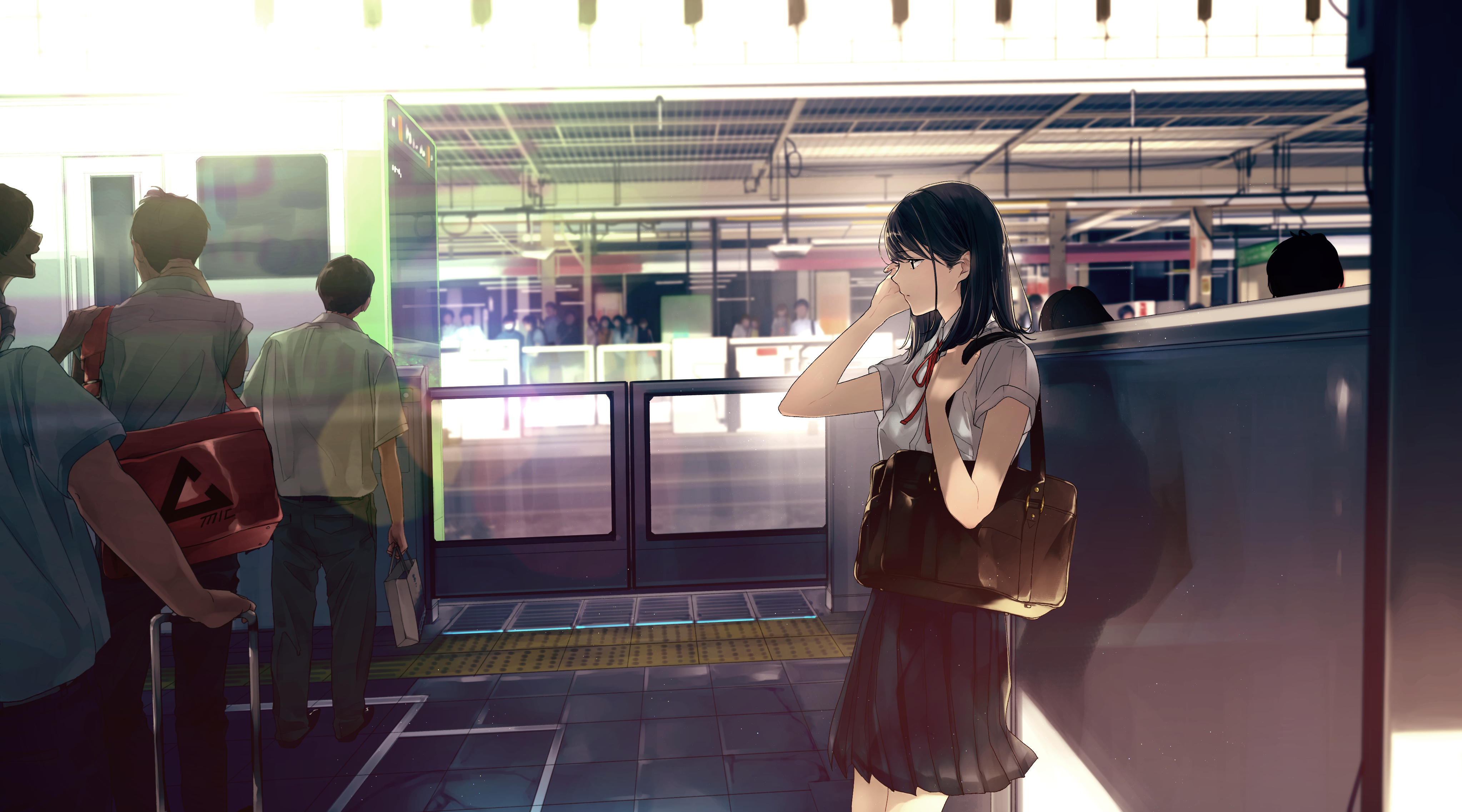 Anime 4093x2274 anime anime girls artwork Maeda Mic school uniform dark hair urban