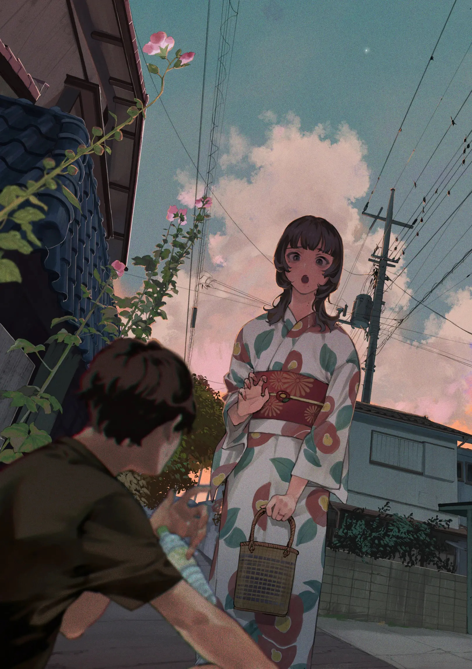 Anime 1620x2296 kimono couple evening