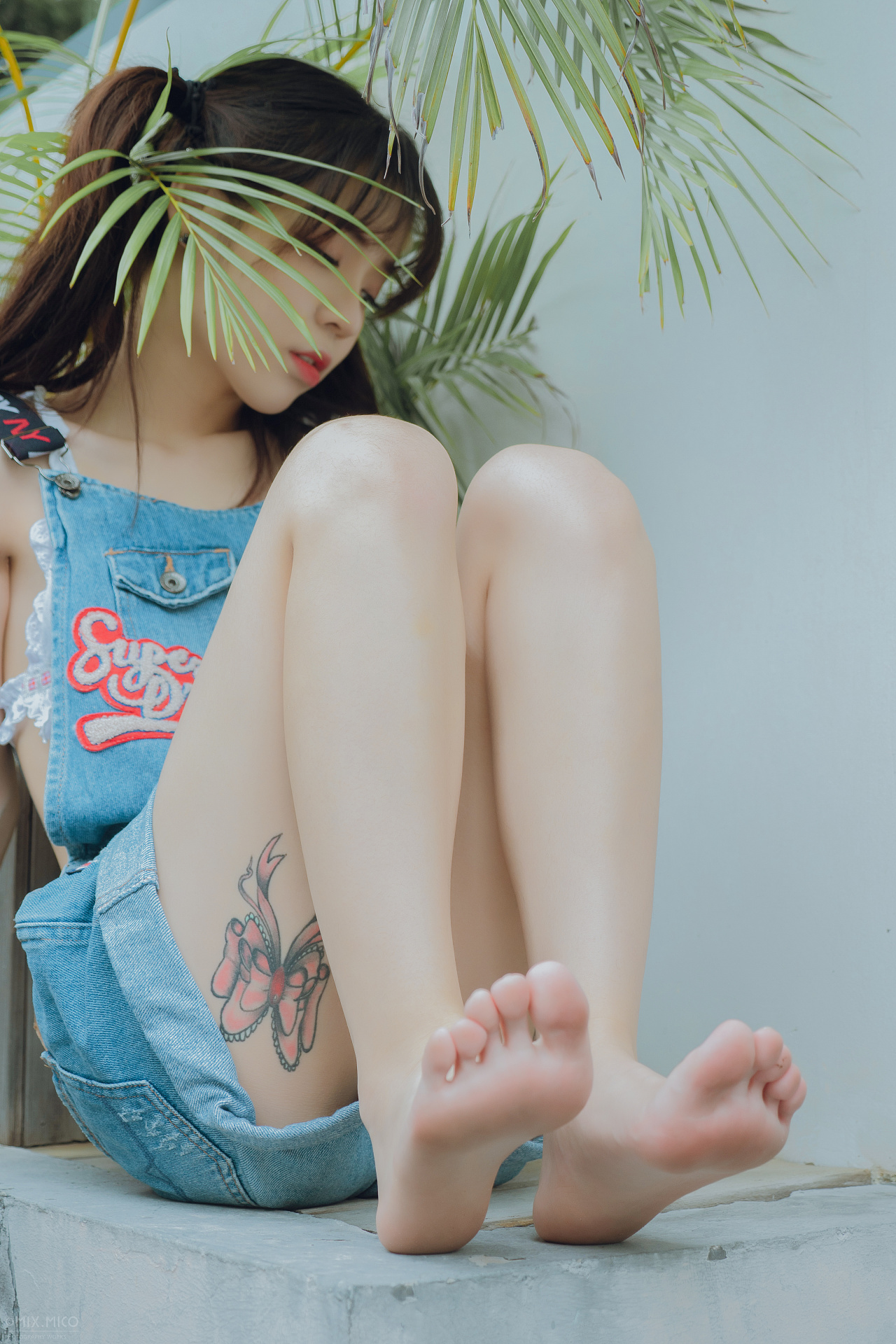 People 1280x1920 Chinese model model Asian women feet tattoo barefoot toes legs brunette twintails pale sitting