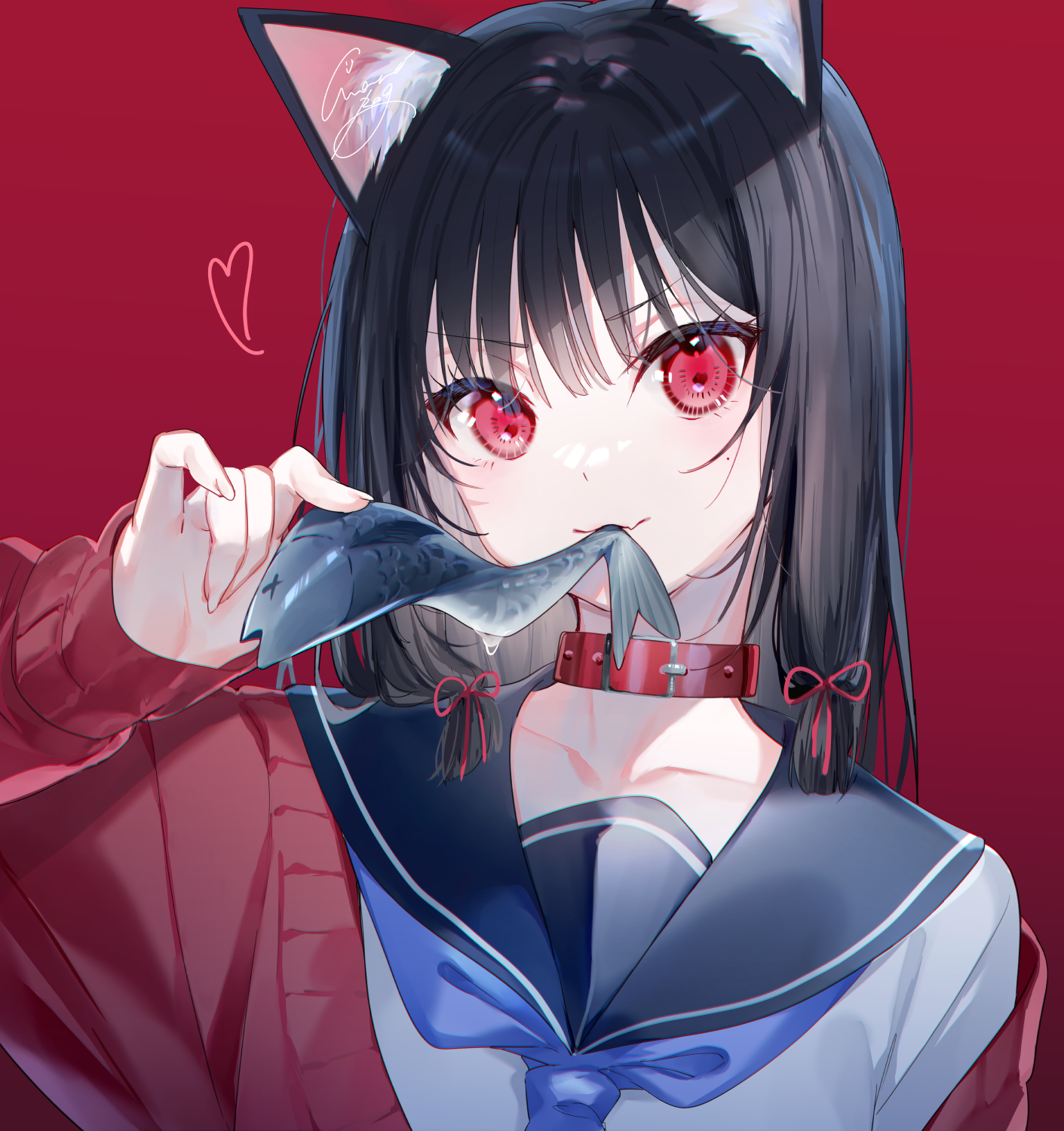 Anime 1411x1500 cat girl anime girls fish animal ears heart school uniform black hair red eyes artwork miwano ragu