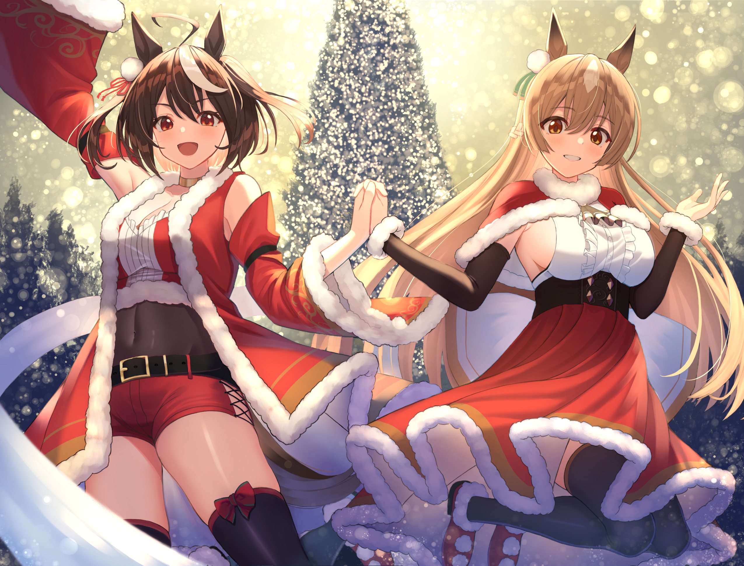 Anime 2550x1941 anime anime girls Uma Musume Pretty Derby Kitasan Black (Uma Musume) Satono Diamond (Uma Musume) horse girls Christmas Christmas clothes