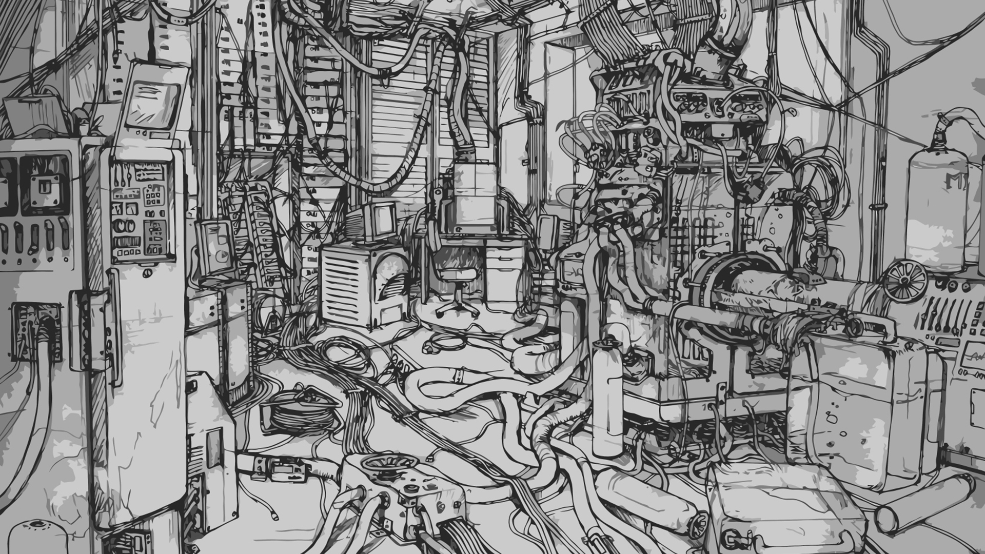 Anime 1920x1080 Serial Experiments Lain wires artwork technology monochrome cyberpunk drawing gray