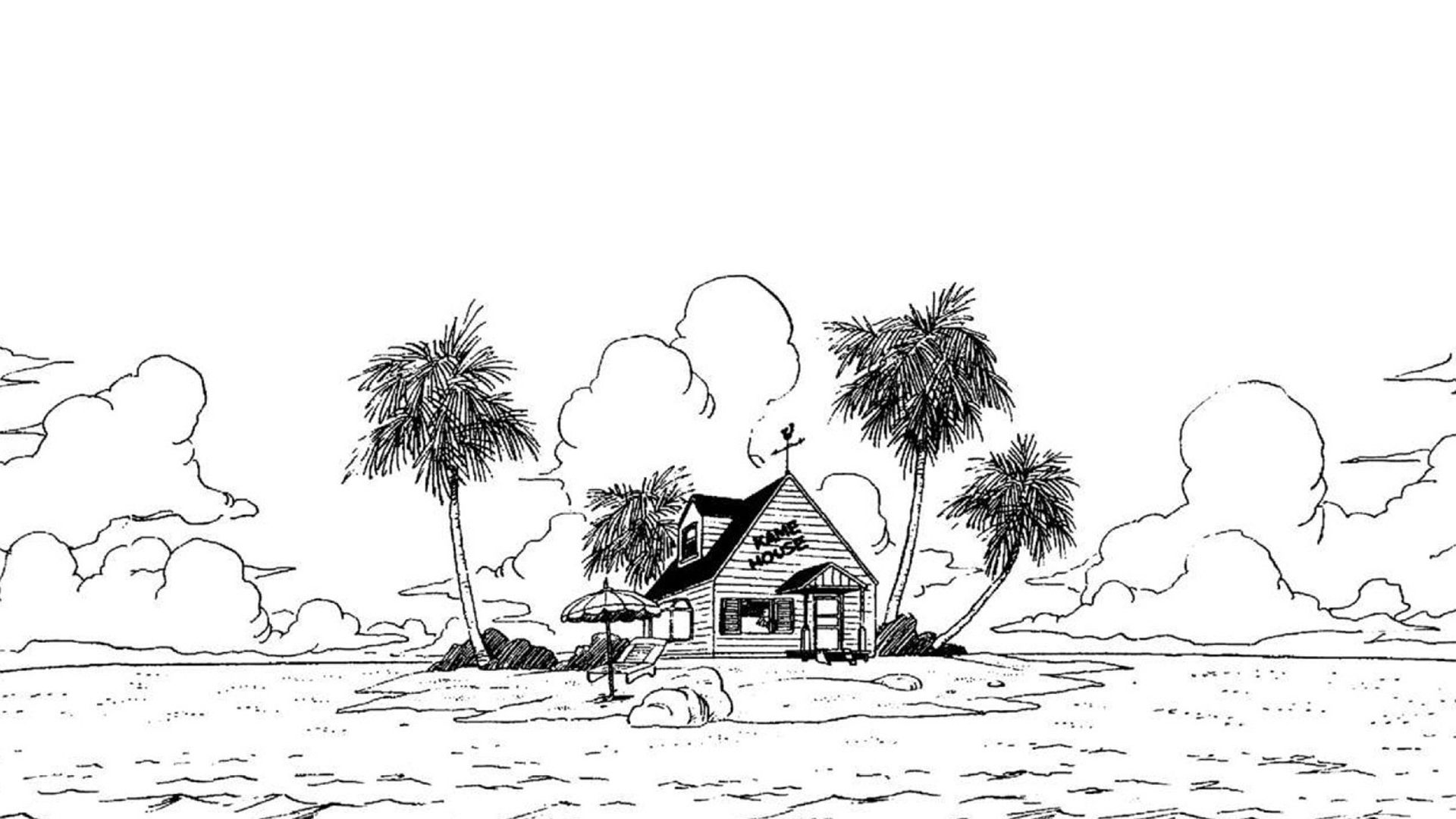Anime 1920x1080 Dragon Ball Dragon Ball Z Kame House beach palm trees sunbed parasol clouds