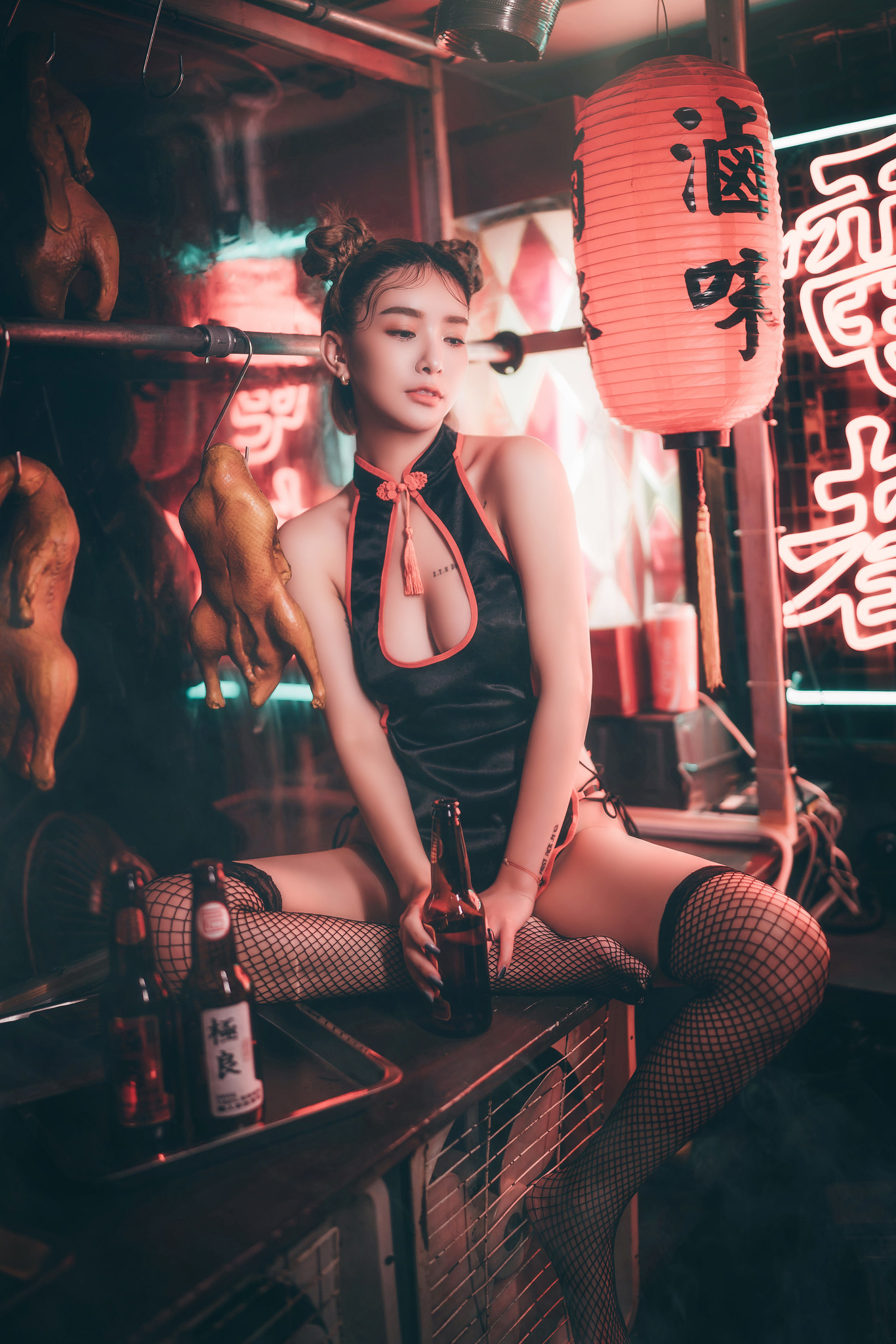 People 1366x2048 Sexy Funk Pig women Asian brunette dress black clothing stockings bar chickens cleavage cutout