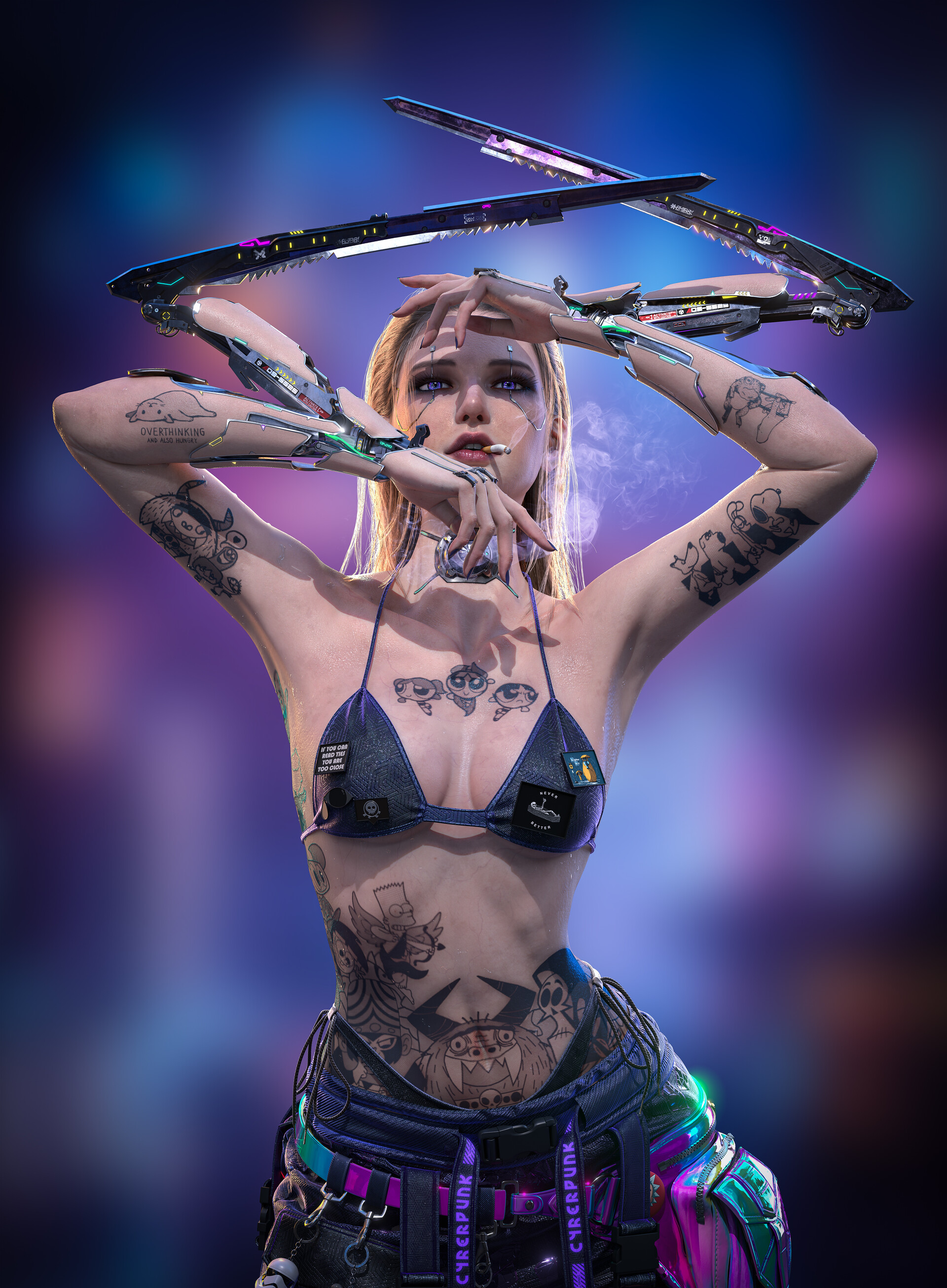 General 1920x2610 Pengcong Pan CGI women cyborg Cyberpunk 2077 tattoo smoking weapon bra Powerpuff Girls mantis blades